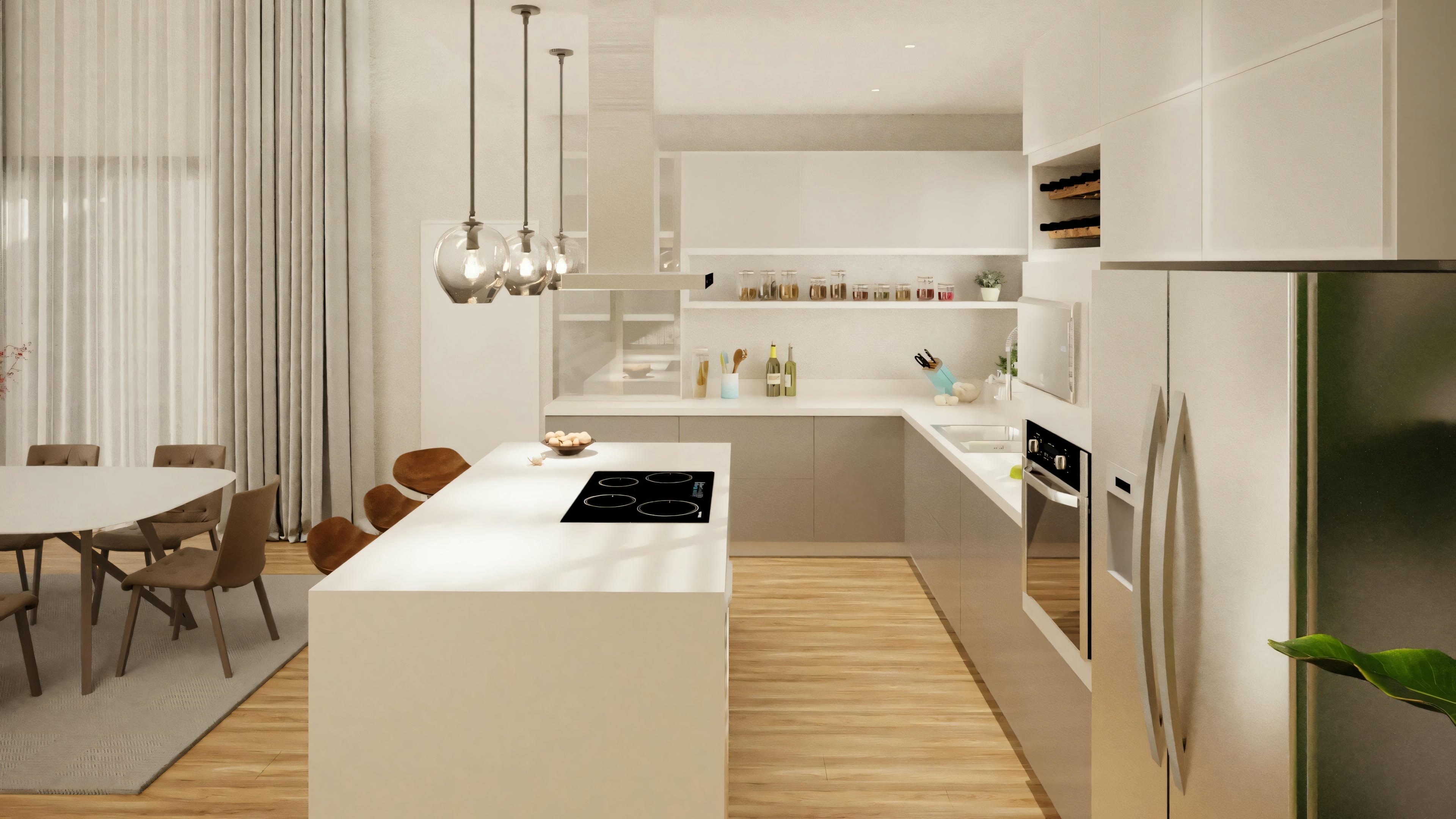 Una cocina moderna con armarios blancos, isla central con encimera de madera y lámparas colgantes.