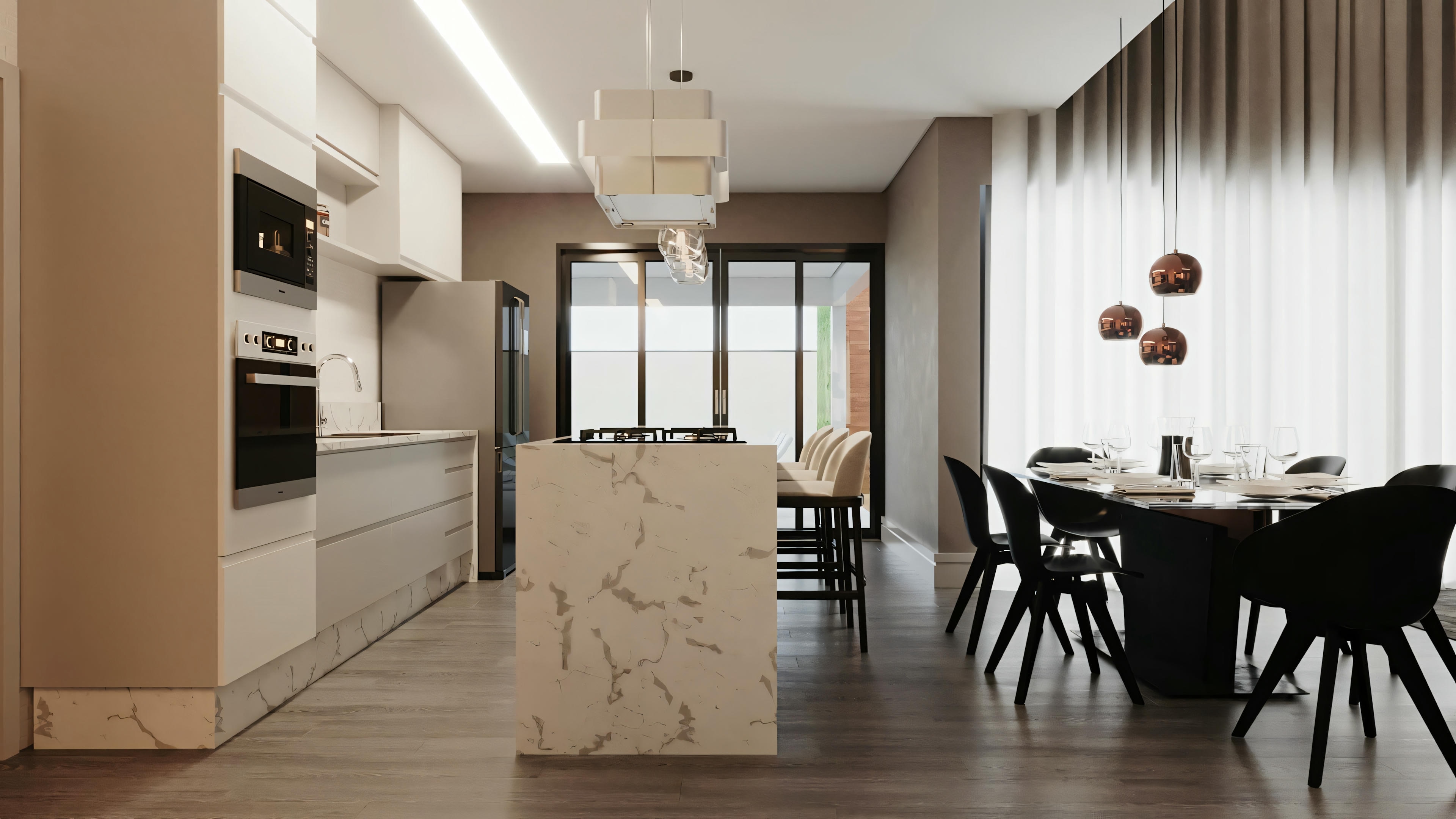 Una cocina y zona de comedor con electrodomésticos modernos, encimeras blancas, isla de cocina y mesa de comedor para seis personas.