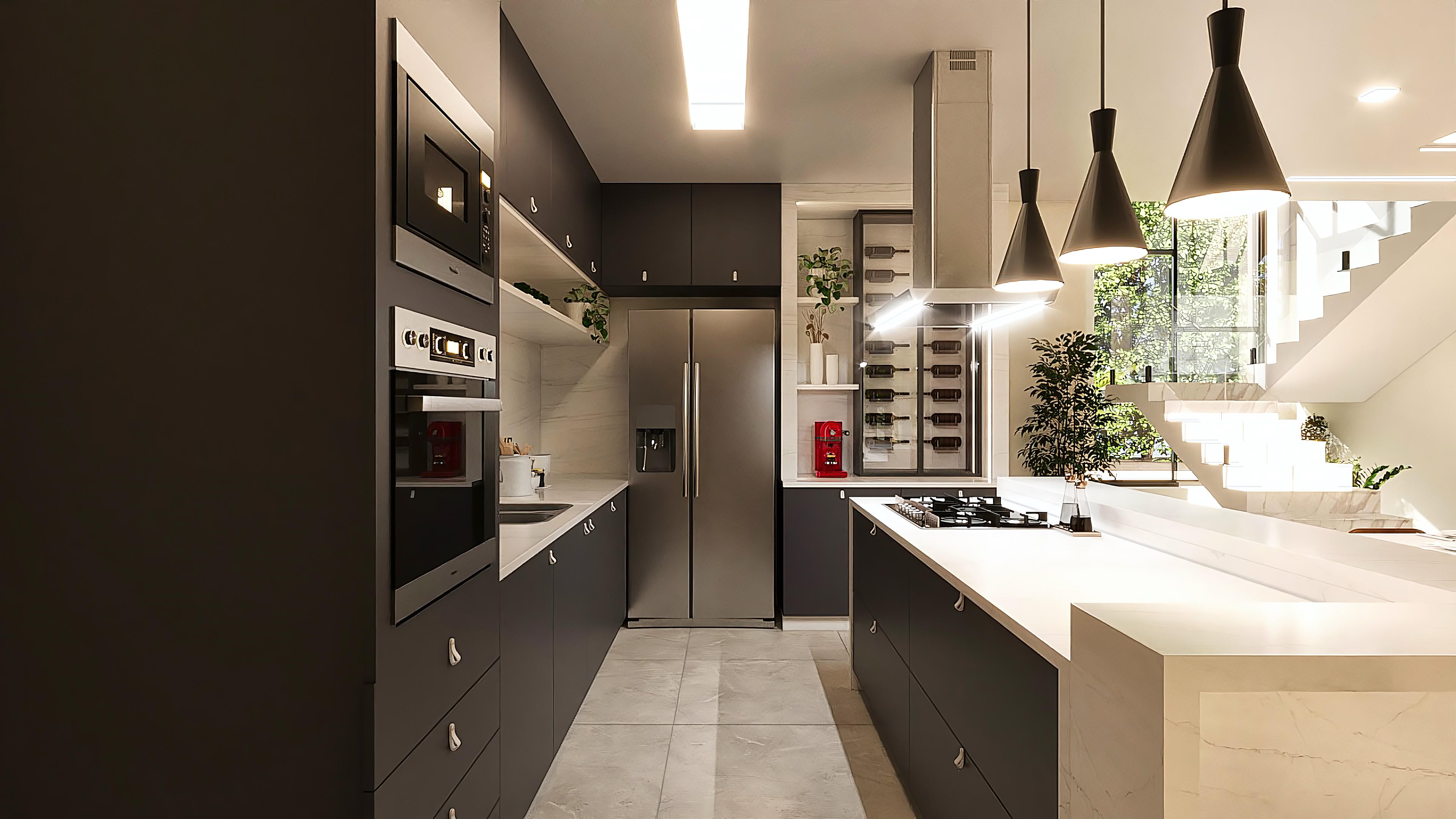 Cocina moderna y sofisticada en casa de dos plantas neoclásica con armarios oscuros, encimera de cuarzo blanco, electrodomésticos empotrados y bodega climatizada.