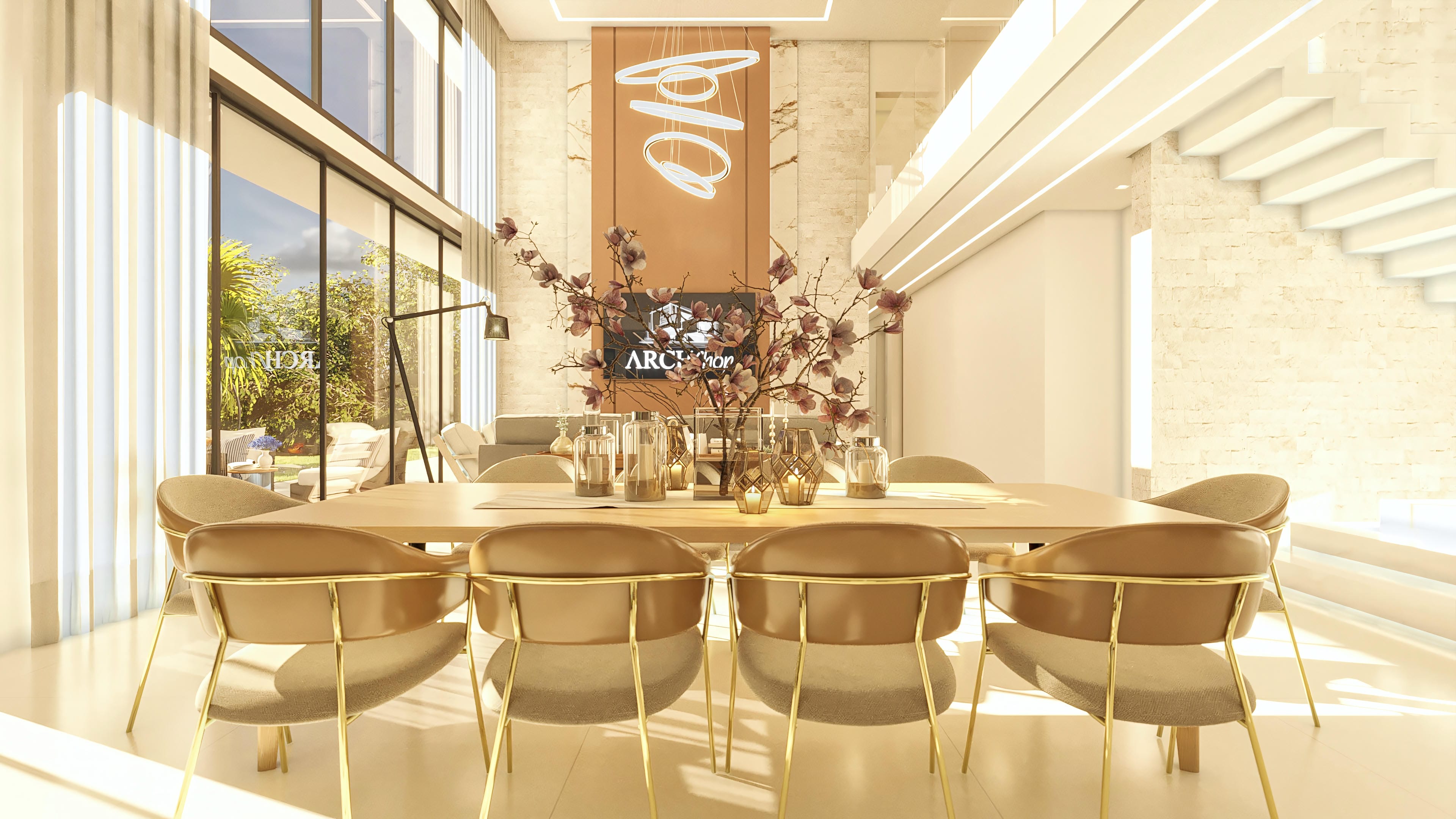 Interior sofisticado de casa de dos plantas con comedor moderno, sillas de cuero caramelo, iluminación LED y gran ventanal con vistas al exuberante paisajismo.