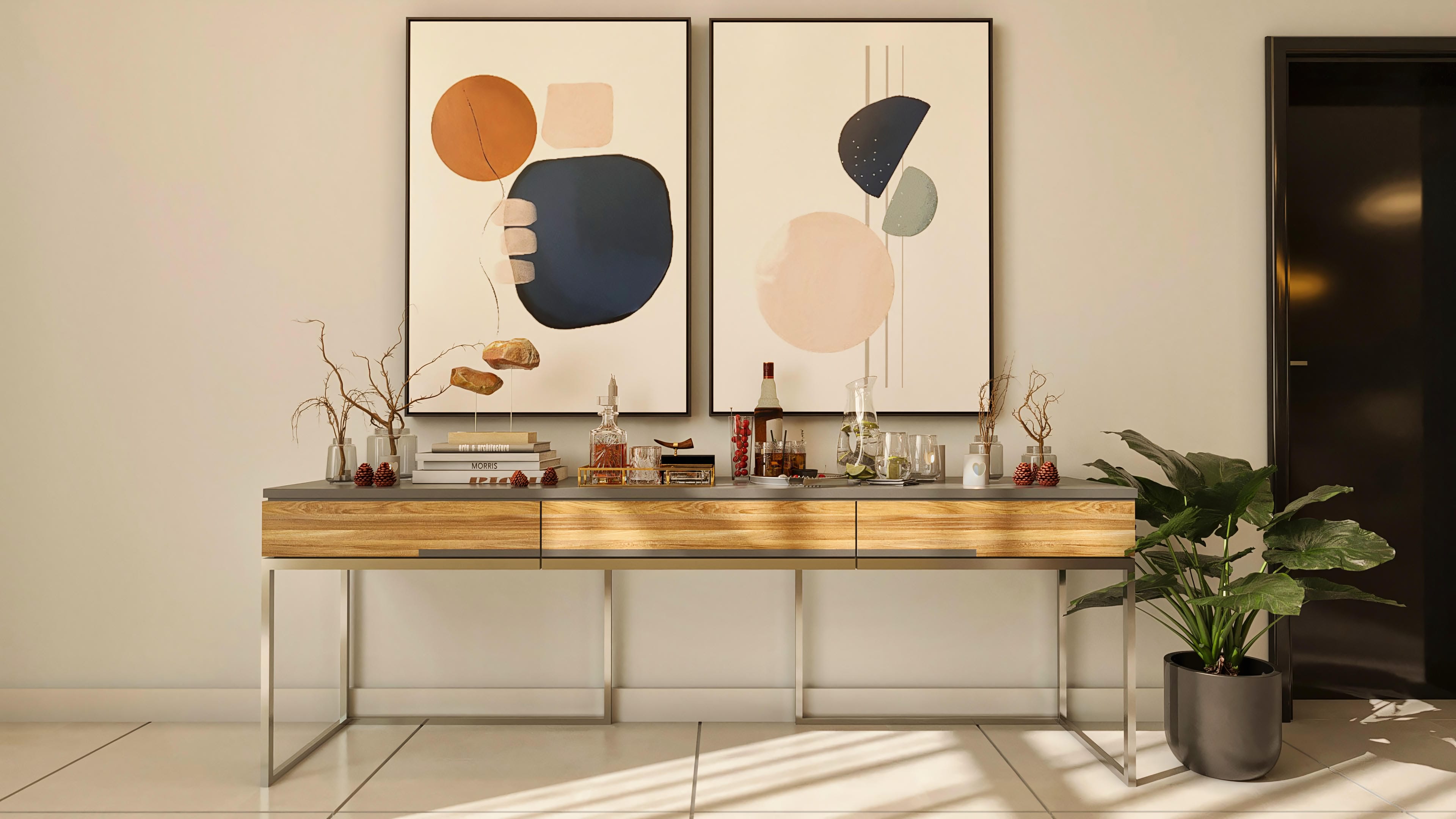Console moderno com acabamento em madeira e estrutura metálica, decorado com duas obras de arte abstratas e objetos de design.