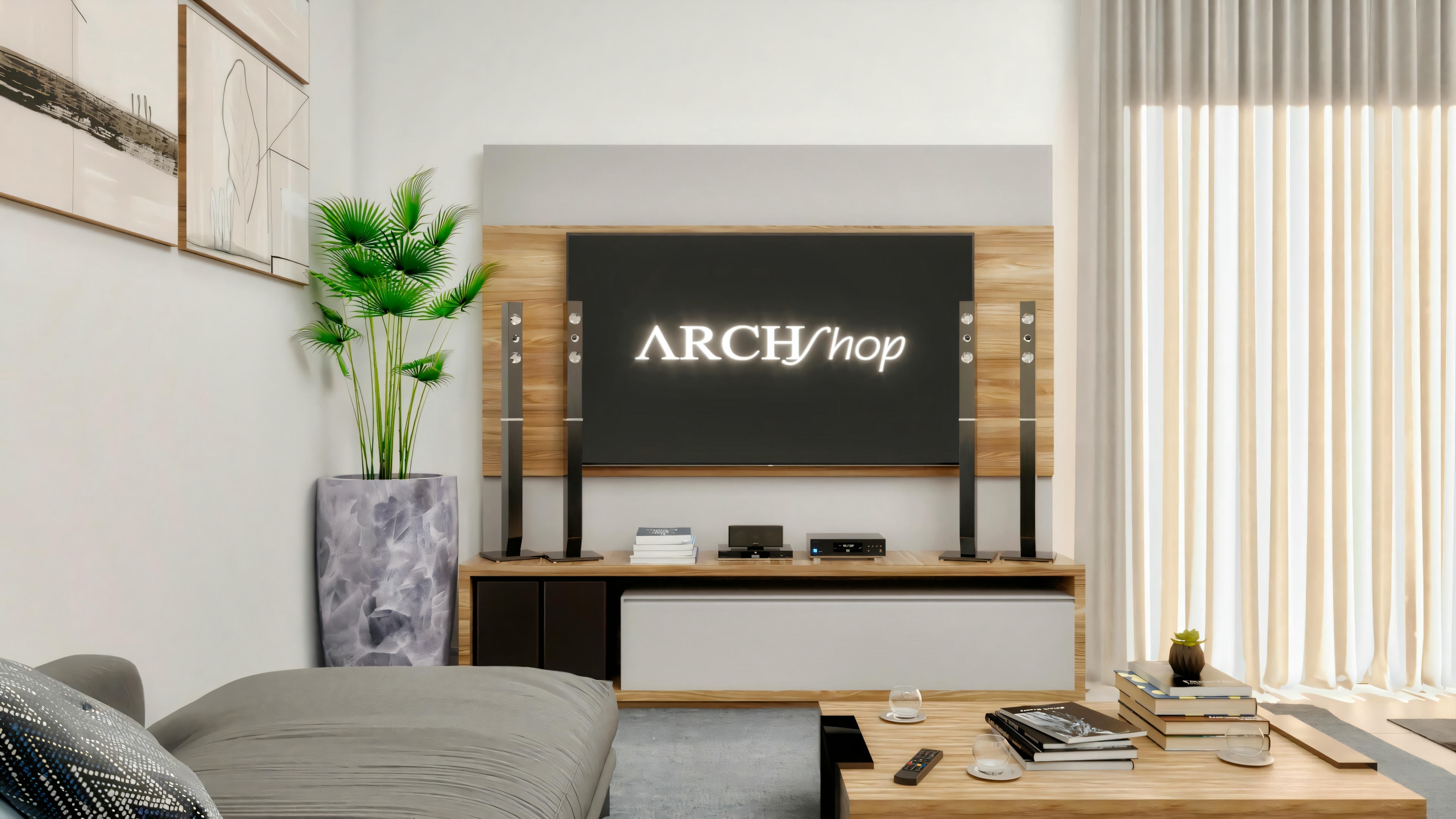 Interior of the country house living room with a wooden TV panel, rack with drawers, and decorative objects.