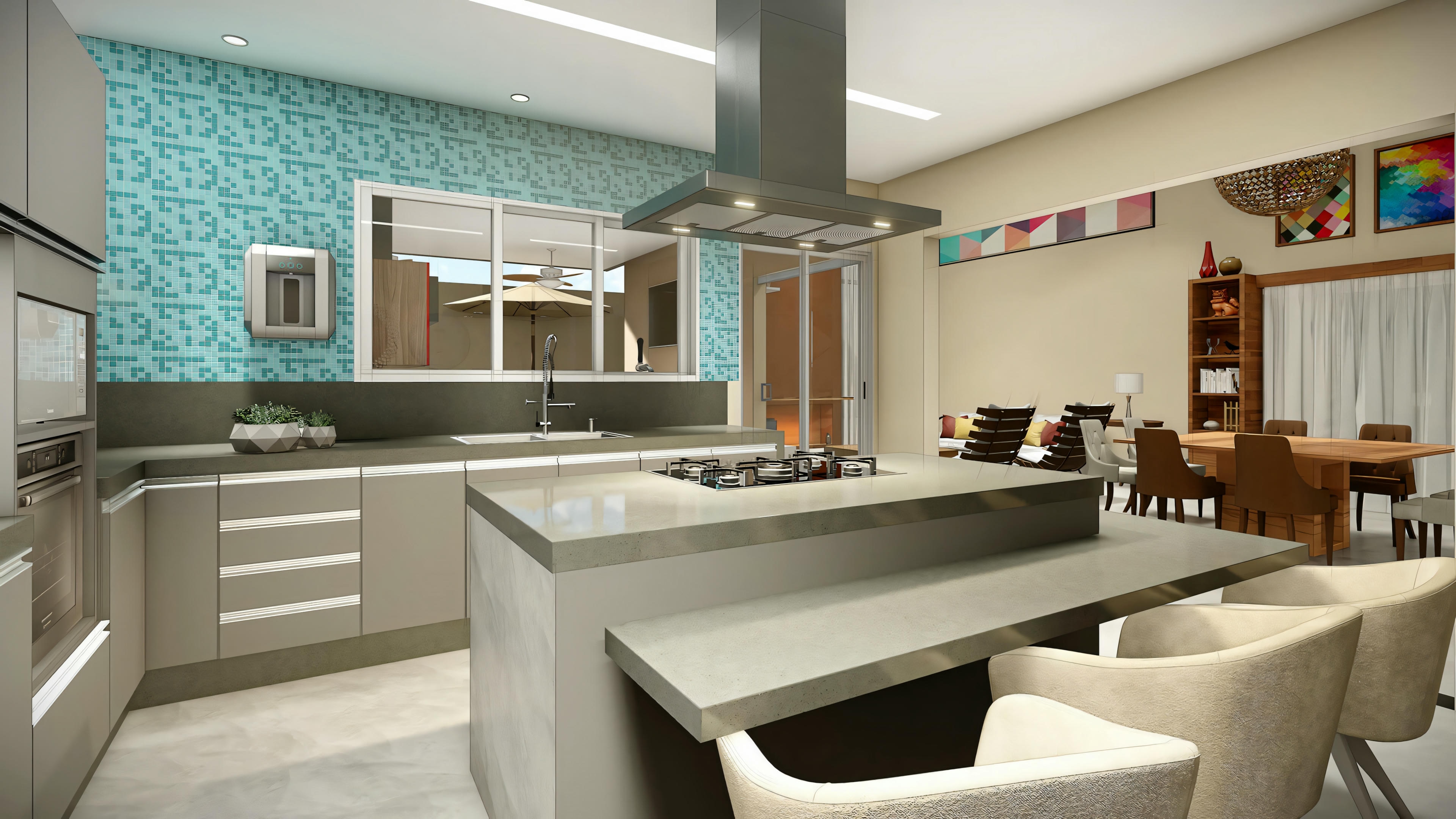 Uma cozinha com armários claros, uma ilha central com bancos altos e um backsplash azul-petróleo.