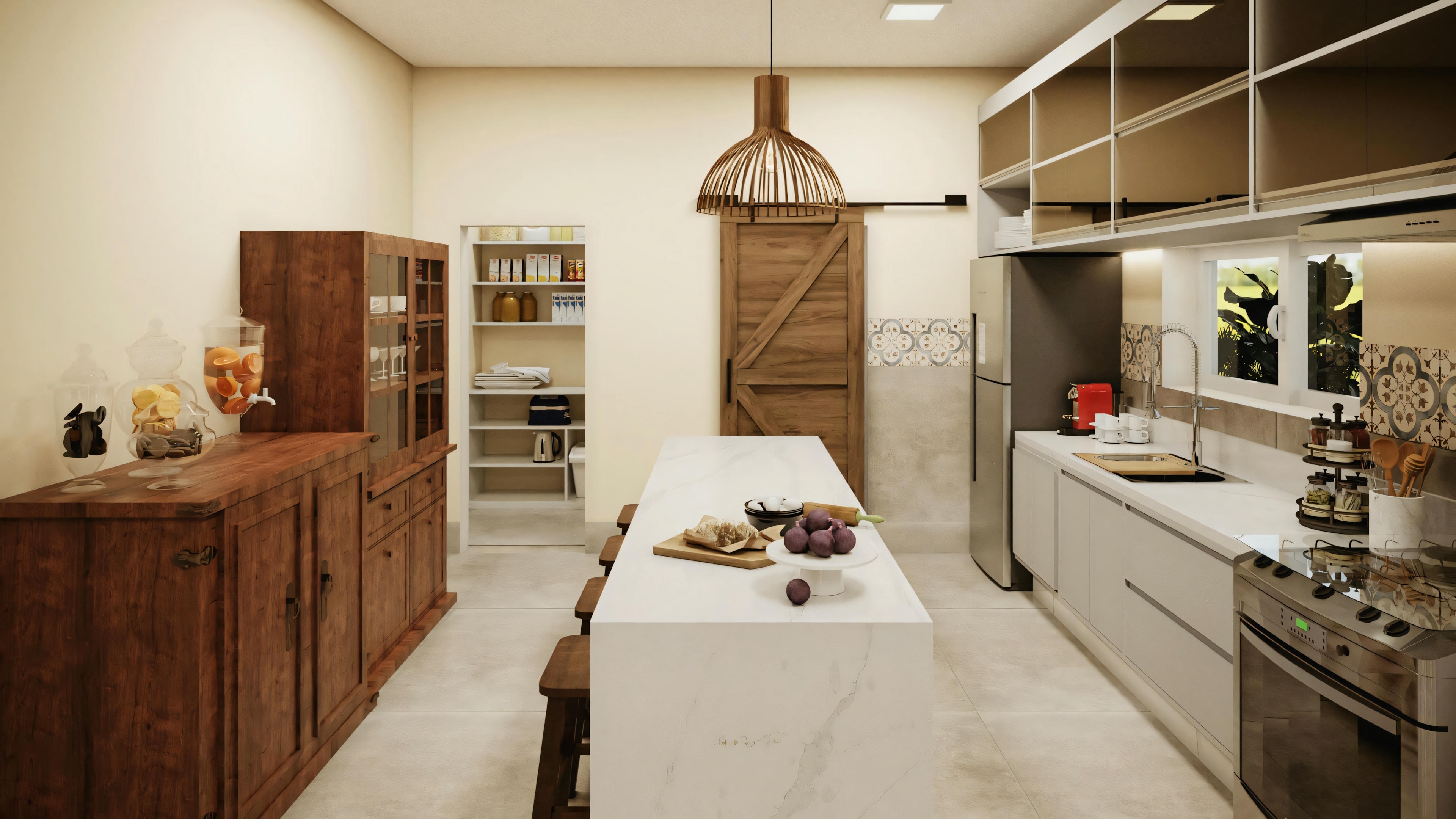 Cozinha com armários de madeira, eletrodomésticos de aço inoxidável, ilha com banquetas e itens decorativos nas bancadas.