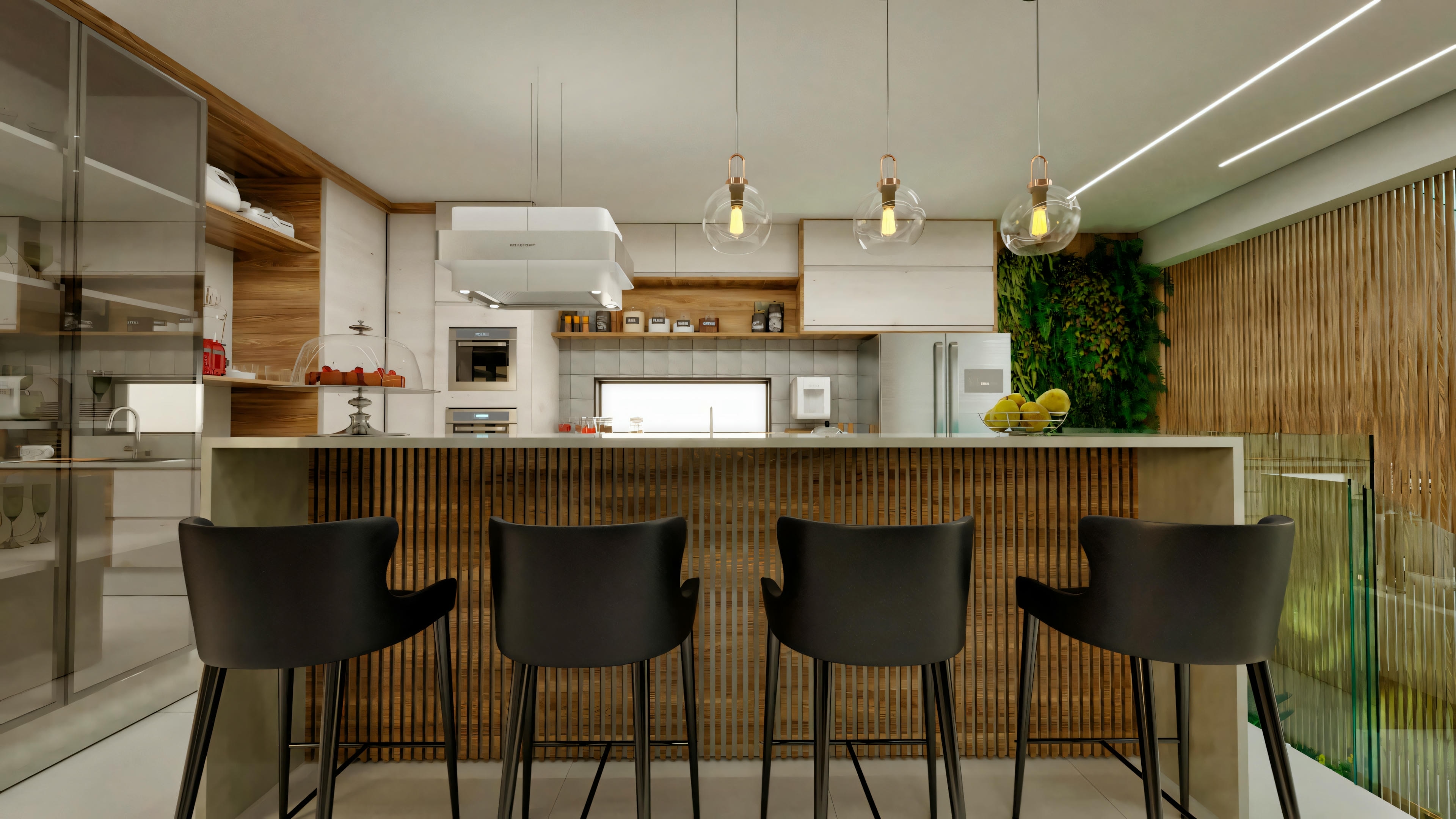 Cozinha moderna com banquetas e iluminação pendente.