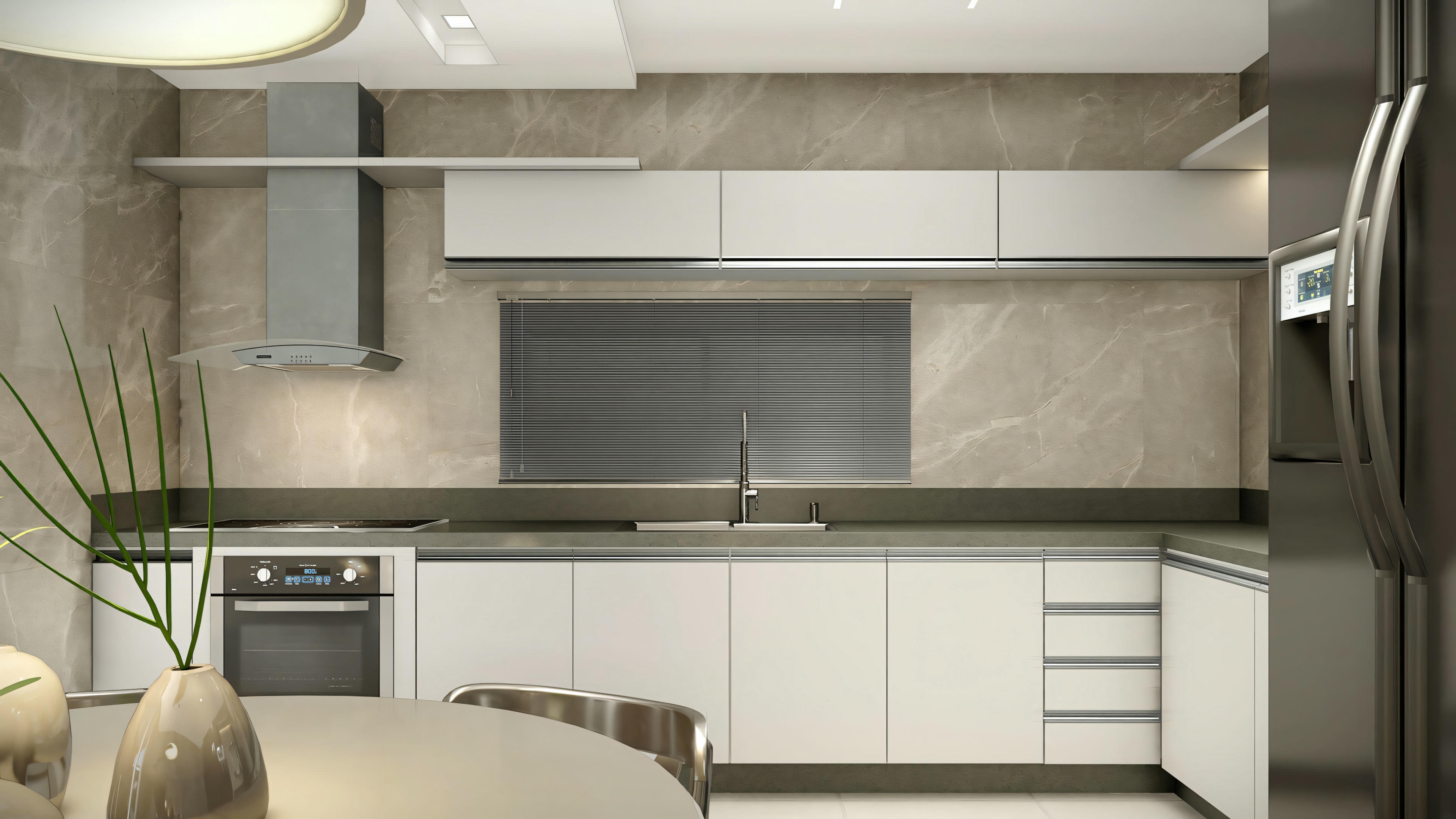 Una cocina moderna con electrodomésticos y armarios contemporáneos.