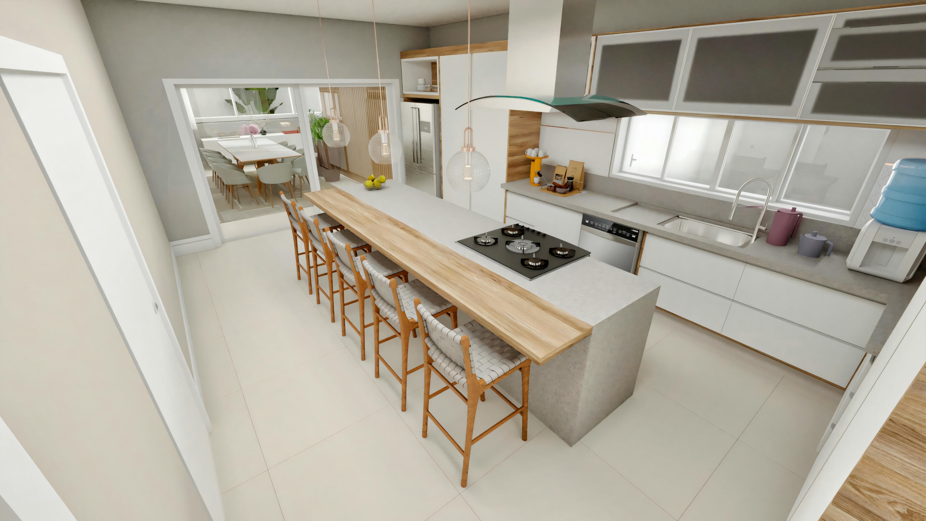 Cozinha moderna com ilha central cinza, cooktop, coifa e bancada estendida em madeira para refeições, integrada à sala de jantar ao fundo. Armários planejados brancos e cinza, parte de um projeto de casa neoclássica de 416m².