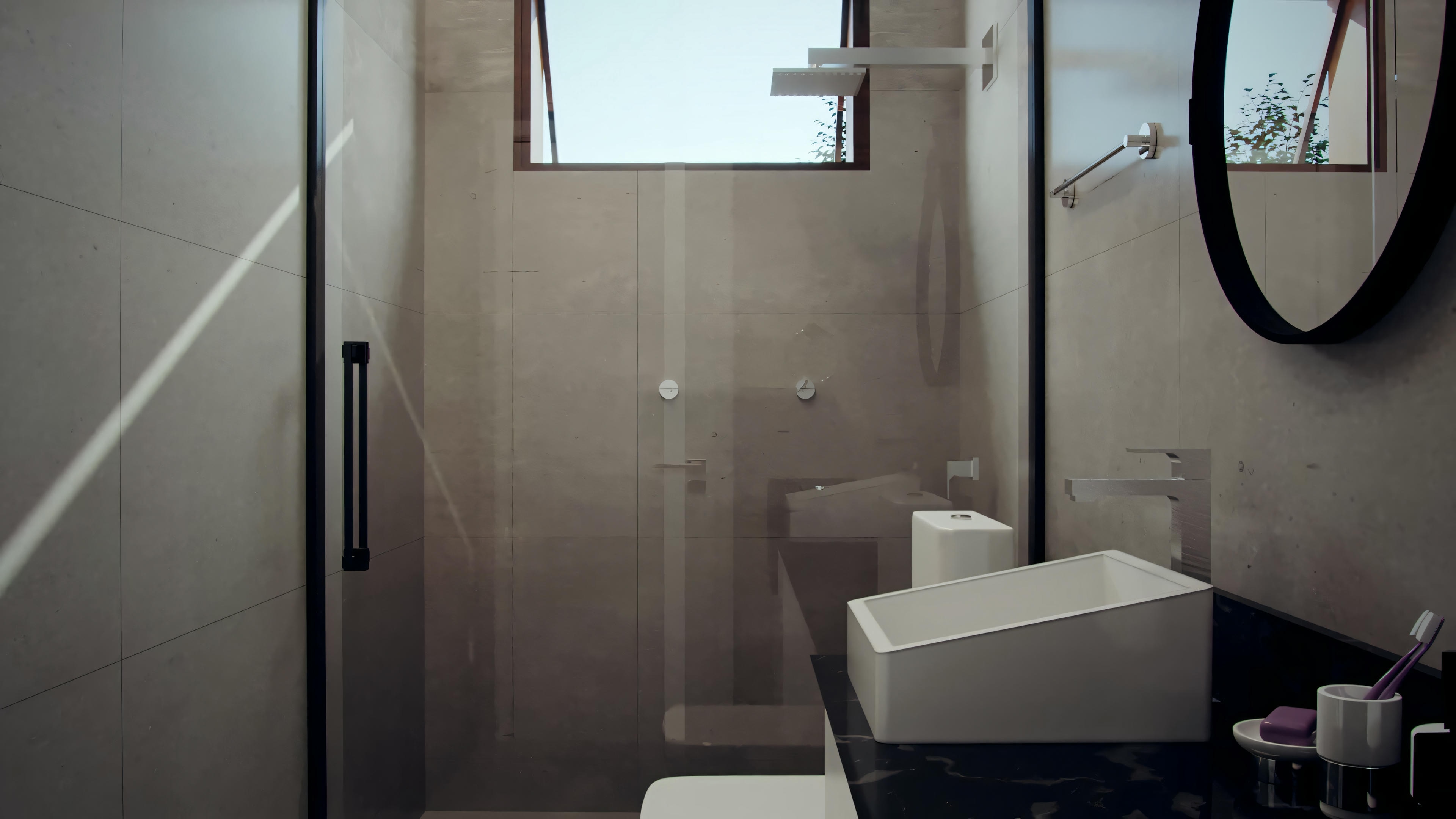 Un baño moderno con mampara de ducha de vidrio, bañera y lavabo con espejo.