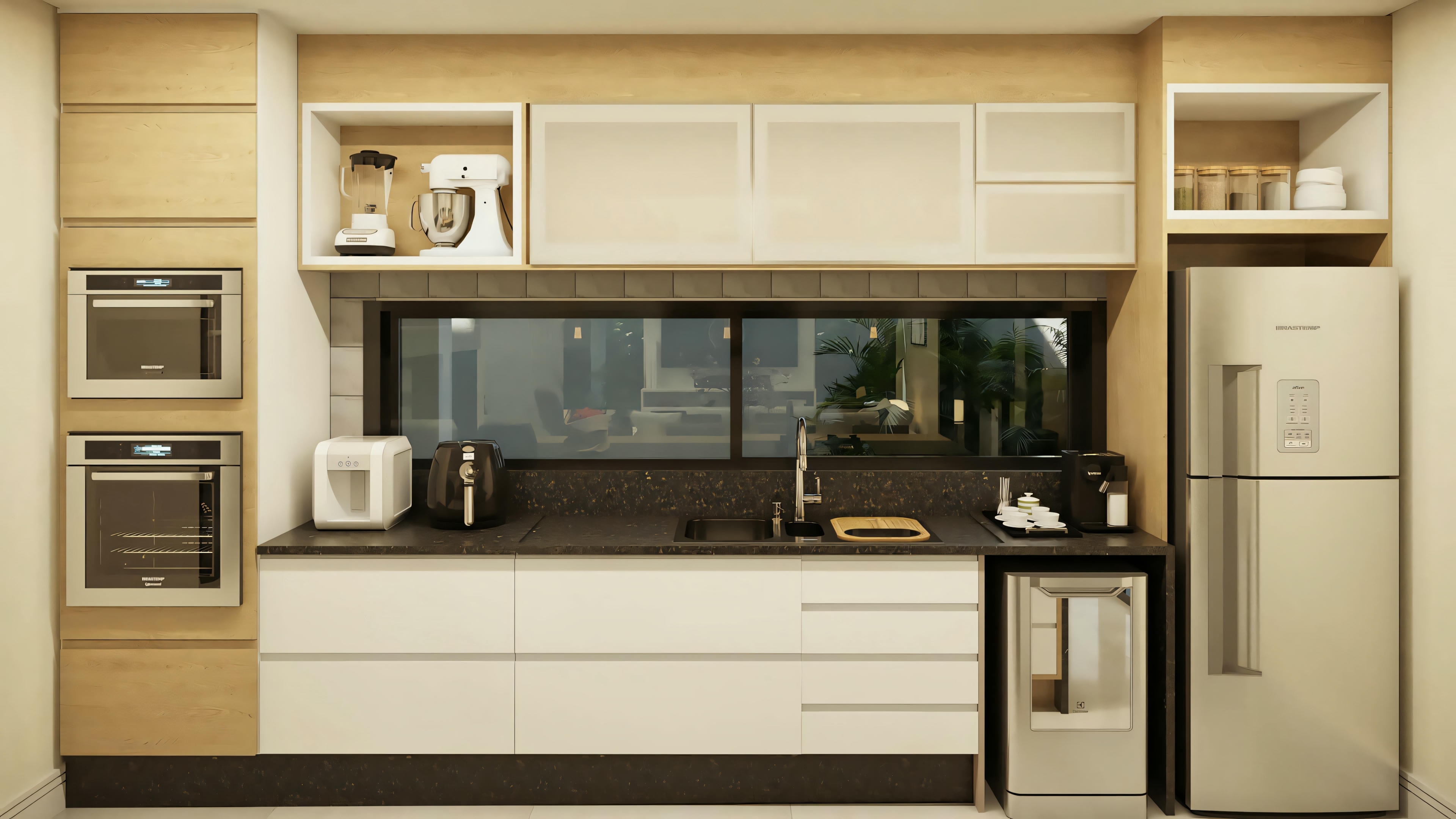 Detail of the planned kitchen/gourmet area in a ready-made modern house project. Dark stone countertop, wooden and neutral-toned cabinets, built-in ovens, dark refrigerator, and wine cooler/minibar.
