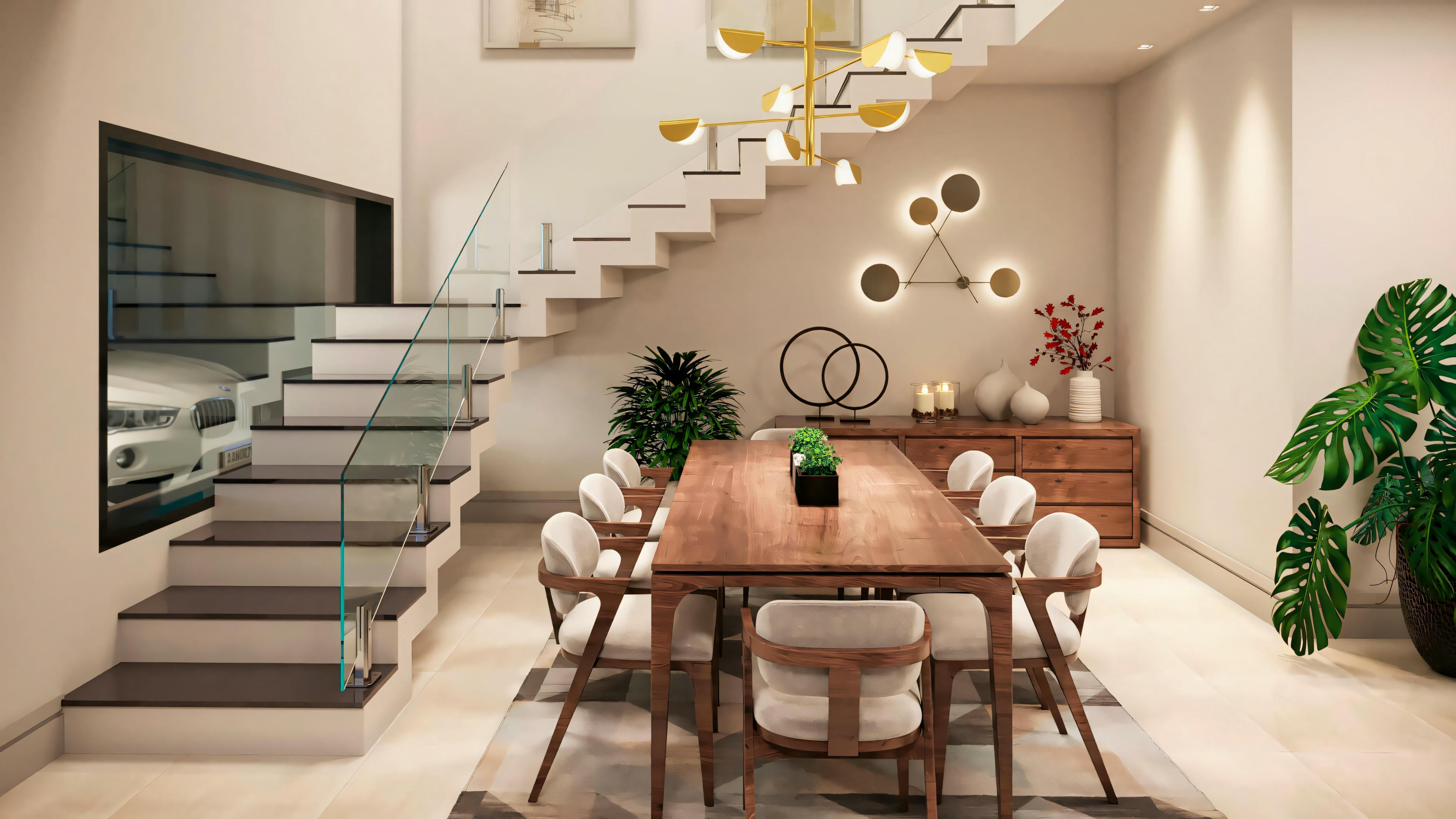 Dining area with a round table for four people and decorative plants.