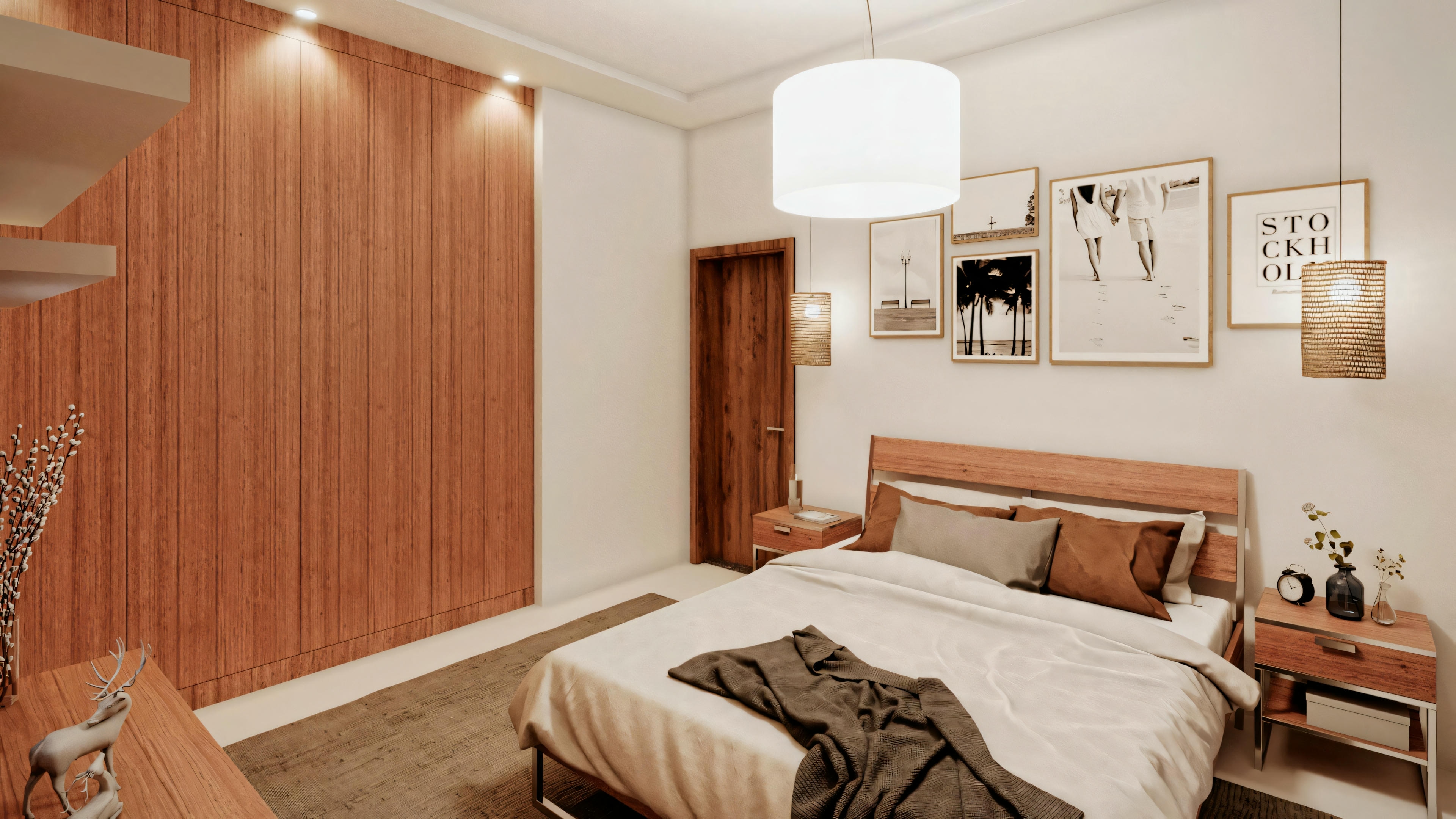 Un dormitorio con paredes revestidas de paneles de madera, cama con ropa de cama marrón y beige, una mesa de noche con lámpara y una obra de arte arriba de la cabecera.