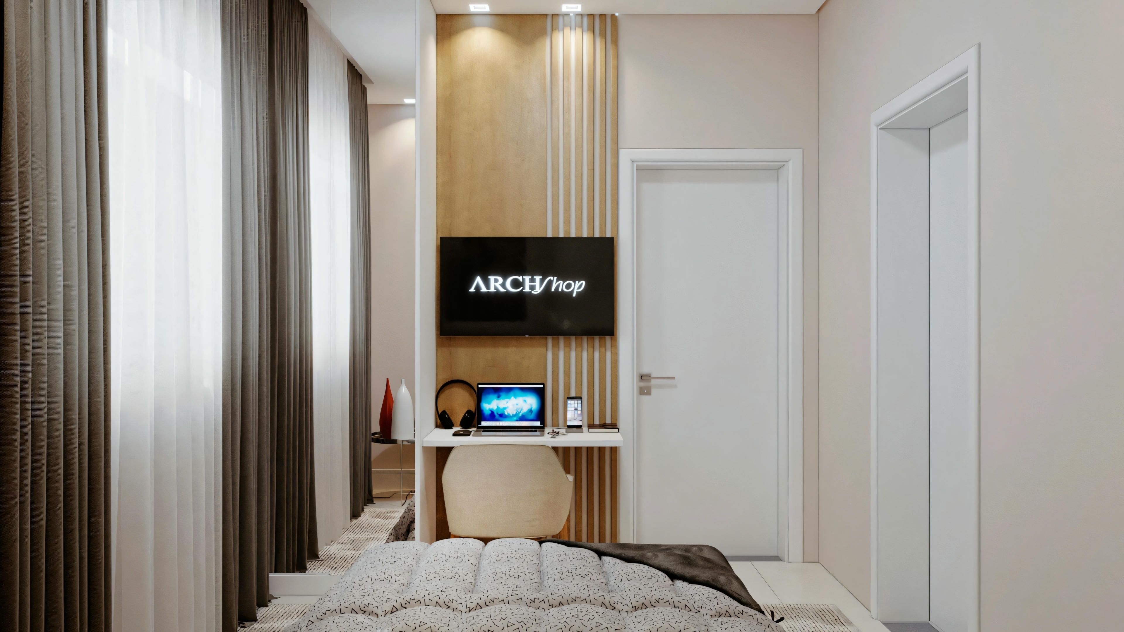 Un dormitorio moderno con cama y mesas de noche.