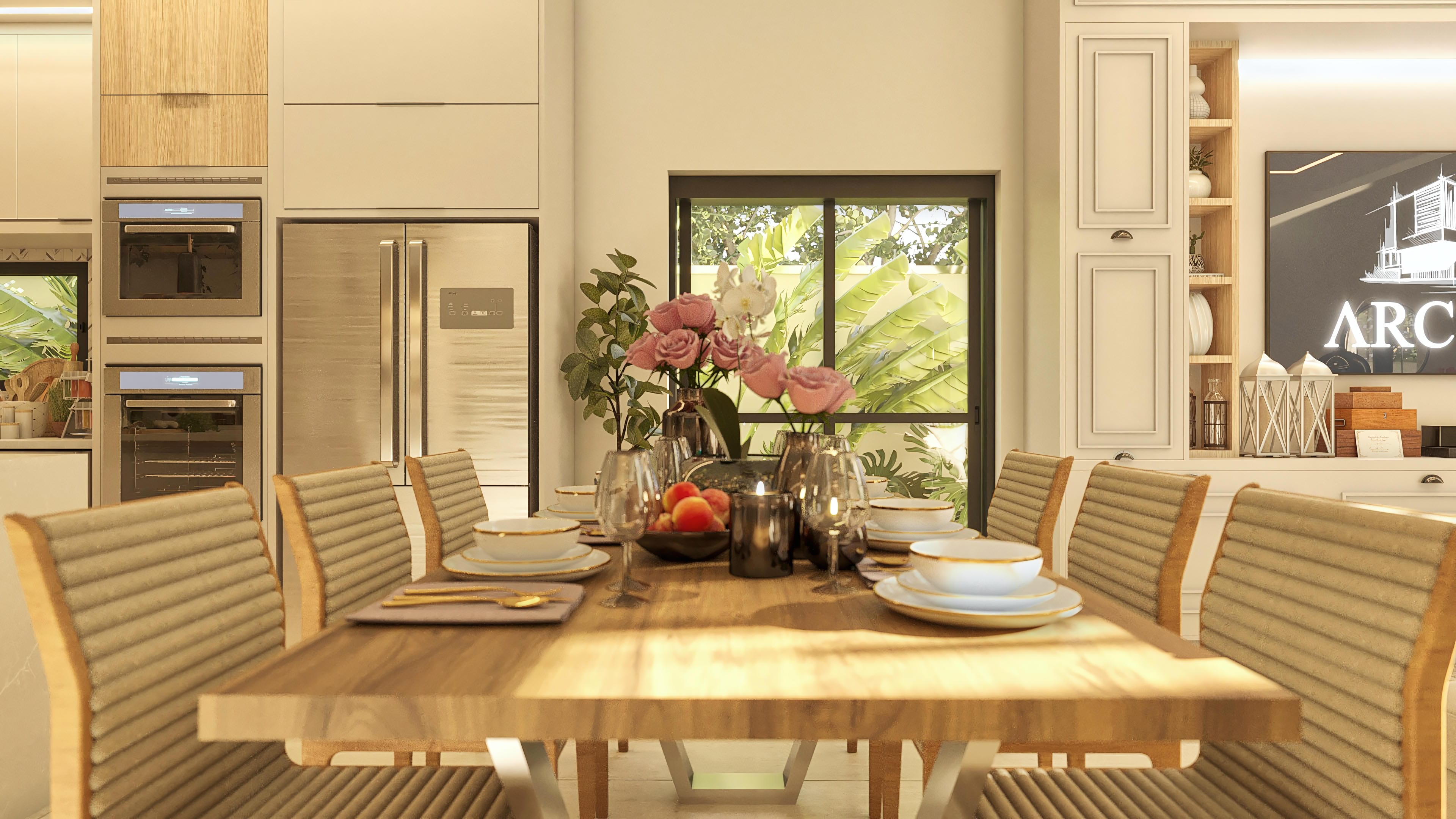 Internal environment with a light wood dining table, upholstered chairs in neutral tones and textured finish, and custom kitchen with wooden cabinets and stainless steel appliances. A large window reveals lush outdoor vegetation, integrating the space with nature. Classic decorative details frame the cabinetry, providing sophistication to the project.