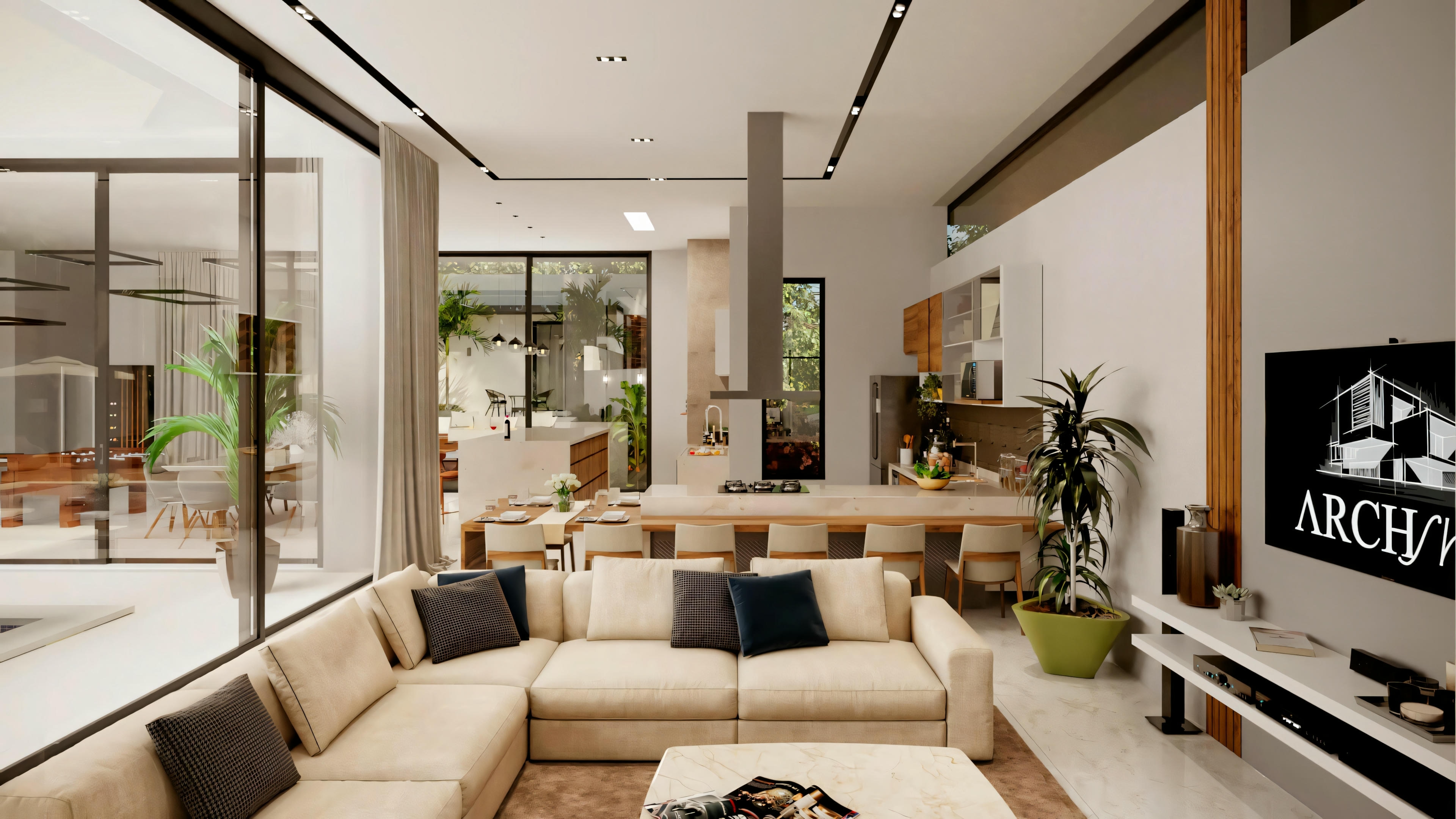 Espacio de convivencia moderno con muebles contemporáneos, líneas limpias y paleta de colores neutros con detalles en madera.