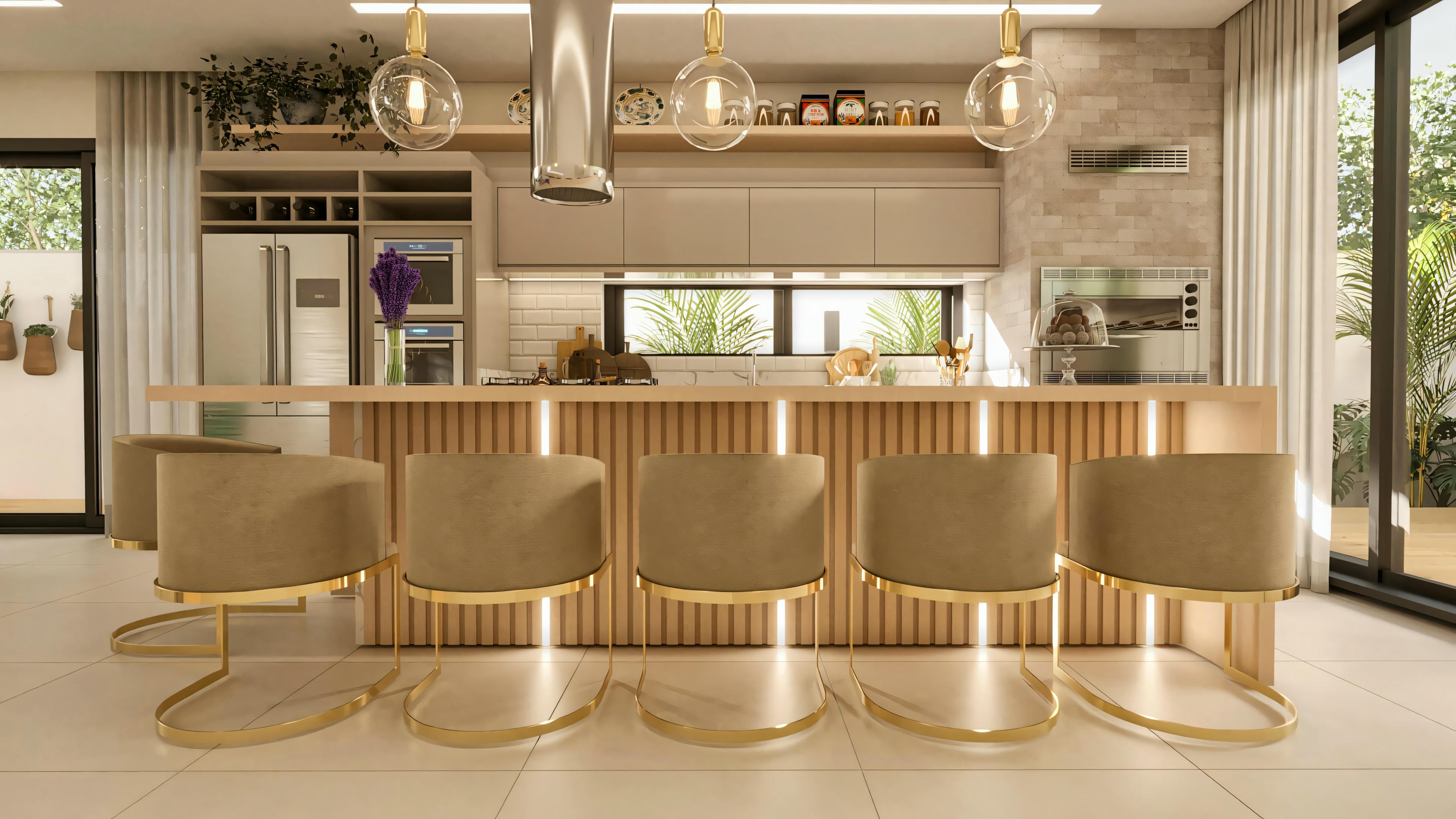 Gourmet area or kitchen with central island in a ranch house with 3 suites. Counter with slatted cladding, modern tall stools with golden base, pendant lights, planned cabinets, and stainless steel appliances. Functional 196m² project.