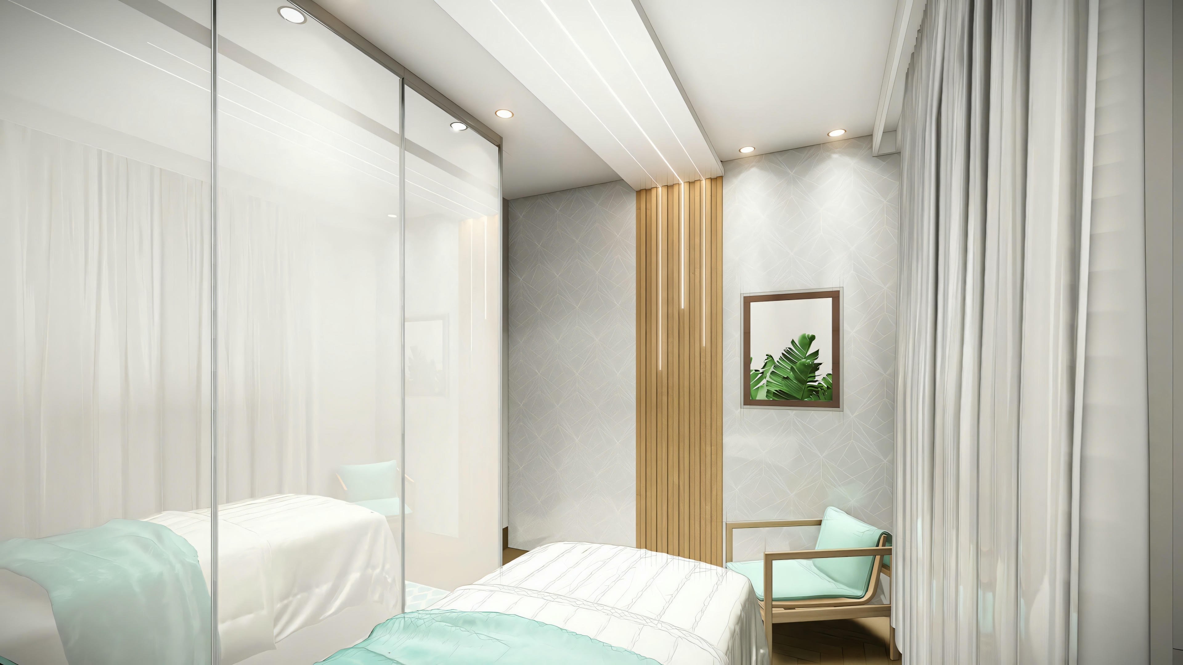 Una habitación con paredes blancas, suelo de madera, cama con ropa de cama verde claro y mesitas de noche con lámparas.