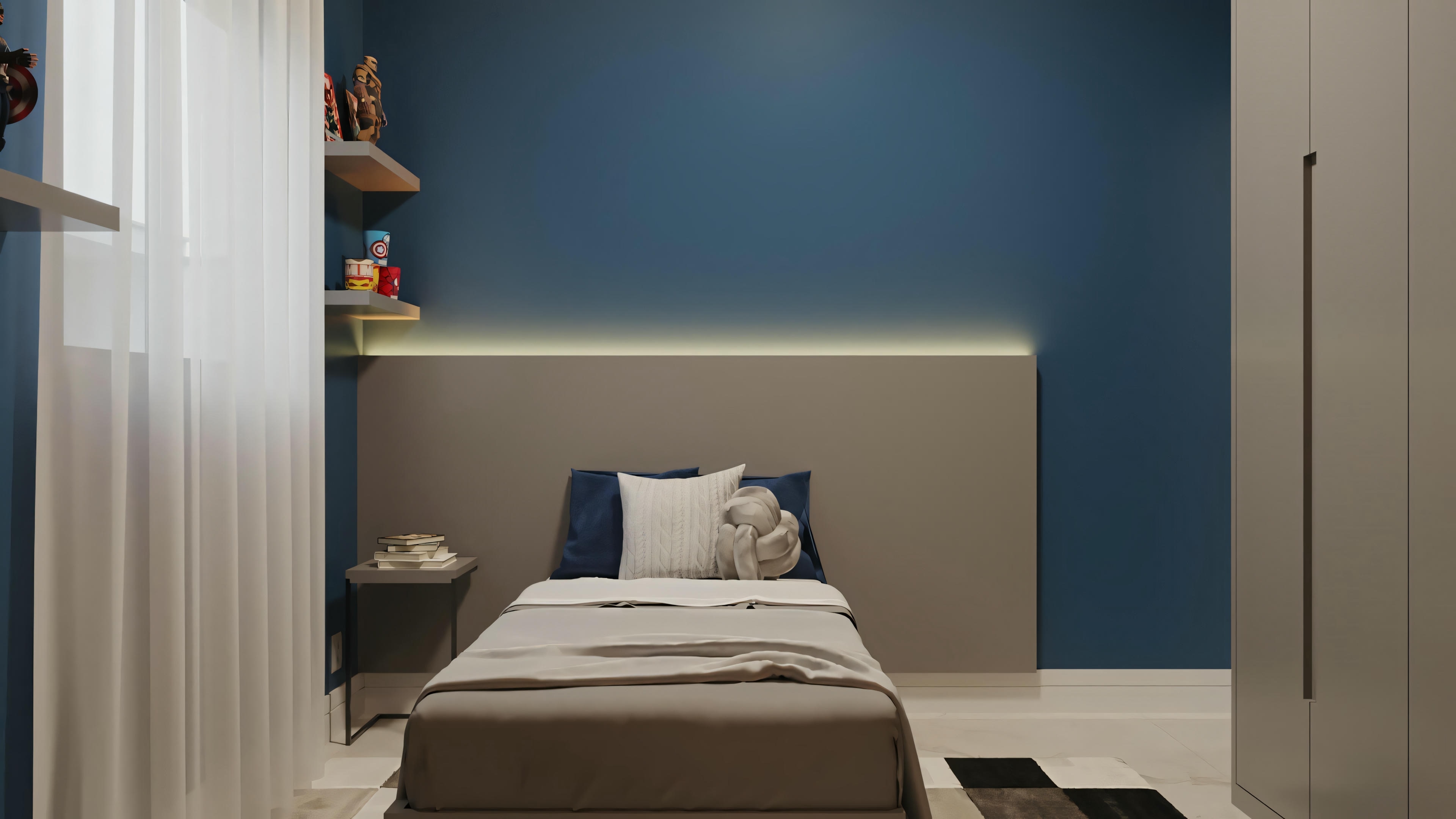 Una habitación con una cama individual apoyada en una pared azul, ropa de cama blanca y cabecero de madera clara.