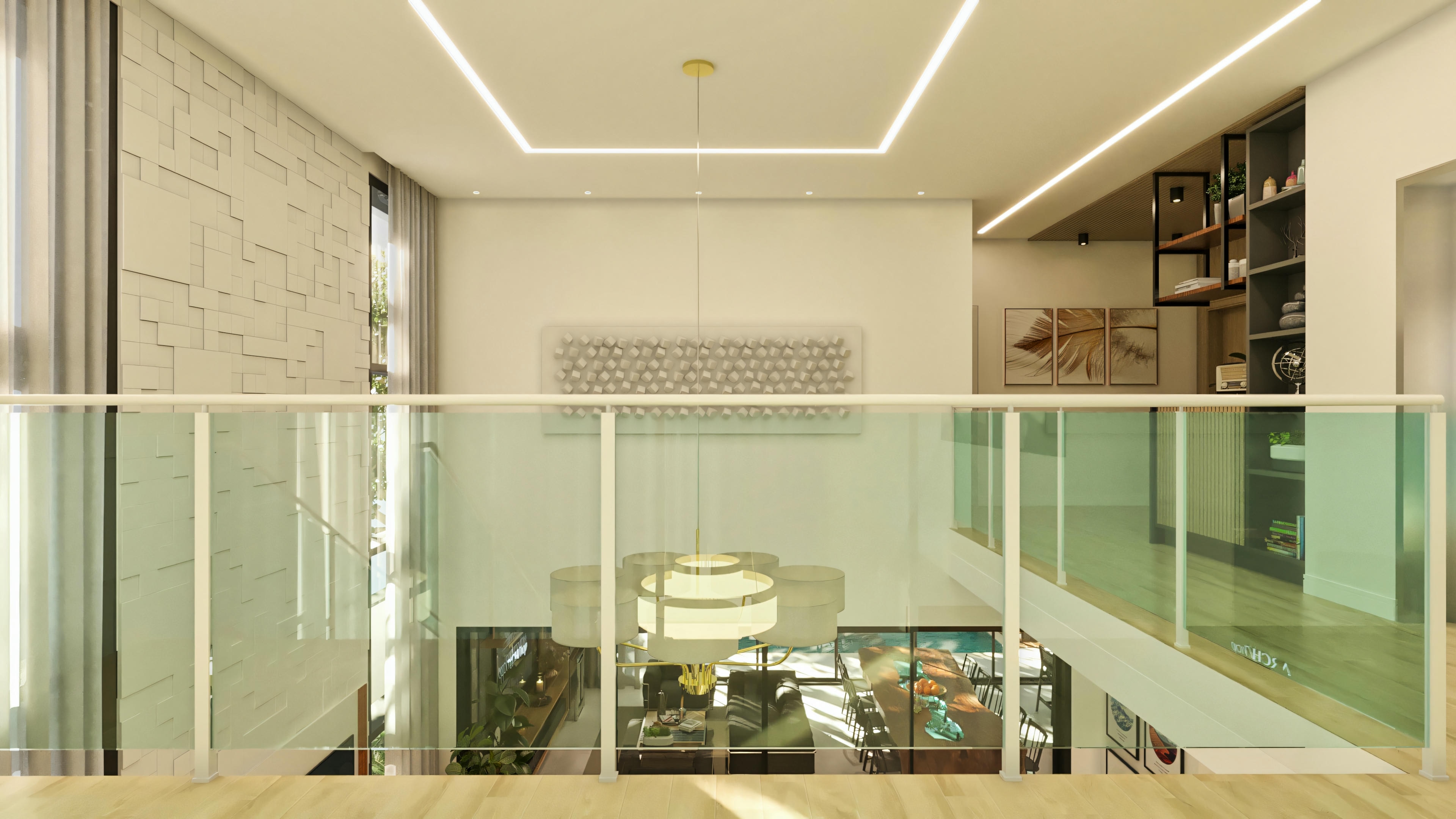 View from the upper hall/mezzanine of a high-standard 5-suite house. Glass railing protects the high-ceiling void. Wooden flooring, LED lighting, and shelves in the opposite corridor.