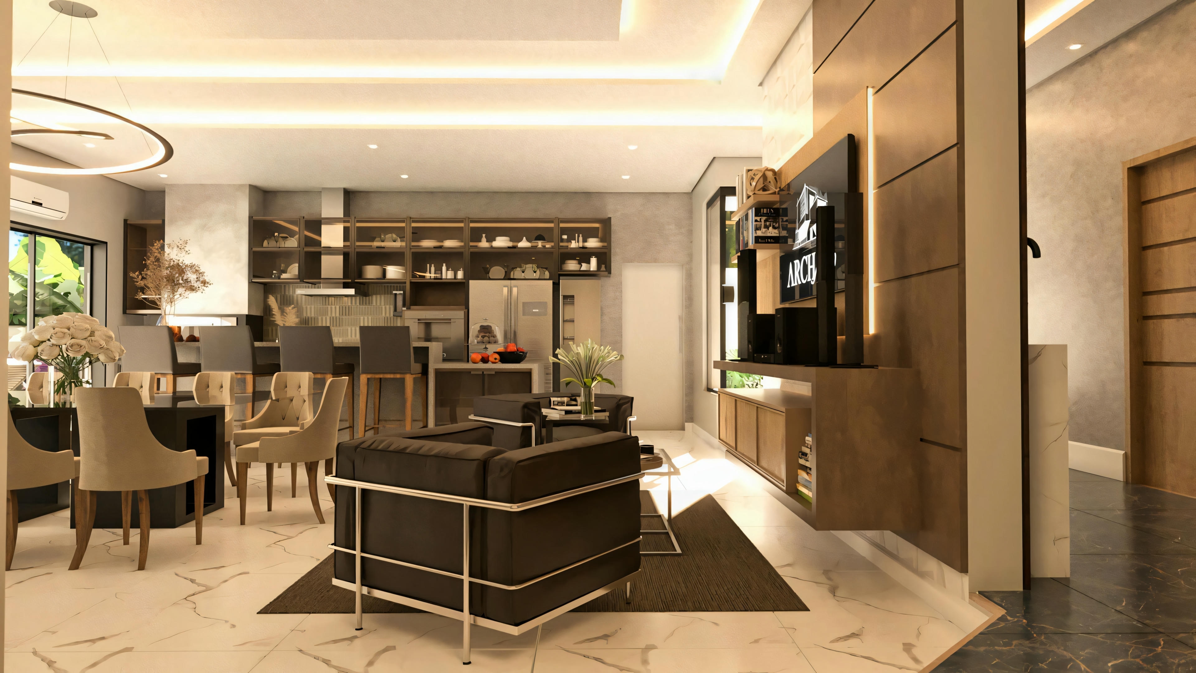 View of the integrated social area in a bungalow house project with 3 suites; living/TV room, dining room, and kitchen with island in an open concept.