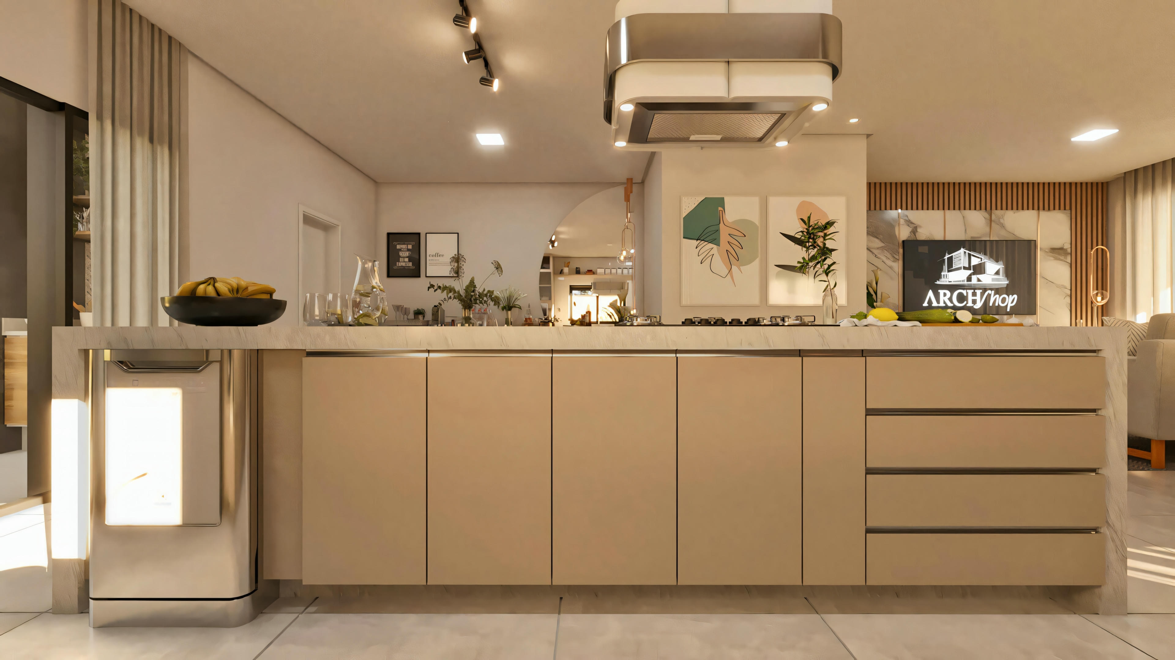 Vista de la isla de la cocina moderna en la casa de dos pisos 10x25, mostrando armarios inferiores, campana extractora y electrodoméstico embutido. Visión integrada para la sala de estar/comedor.