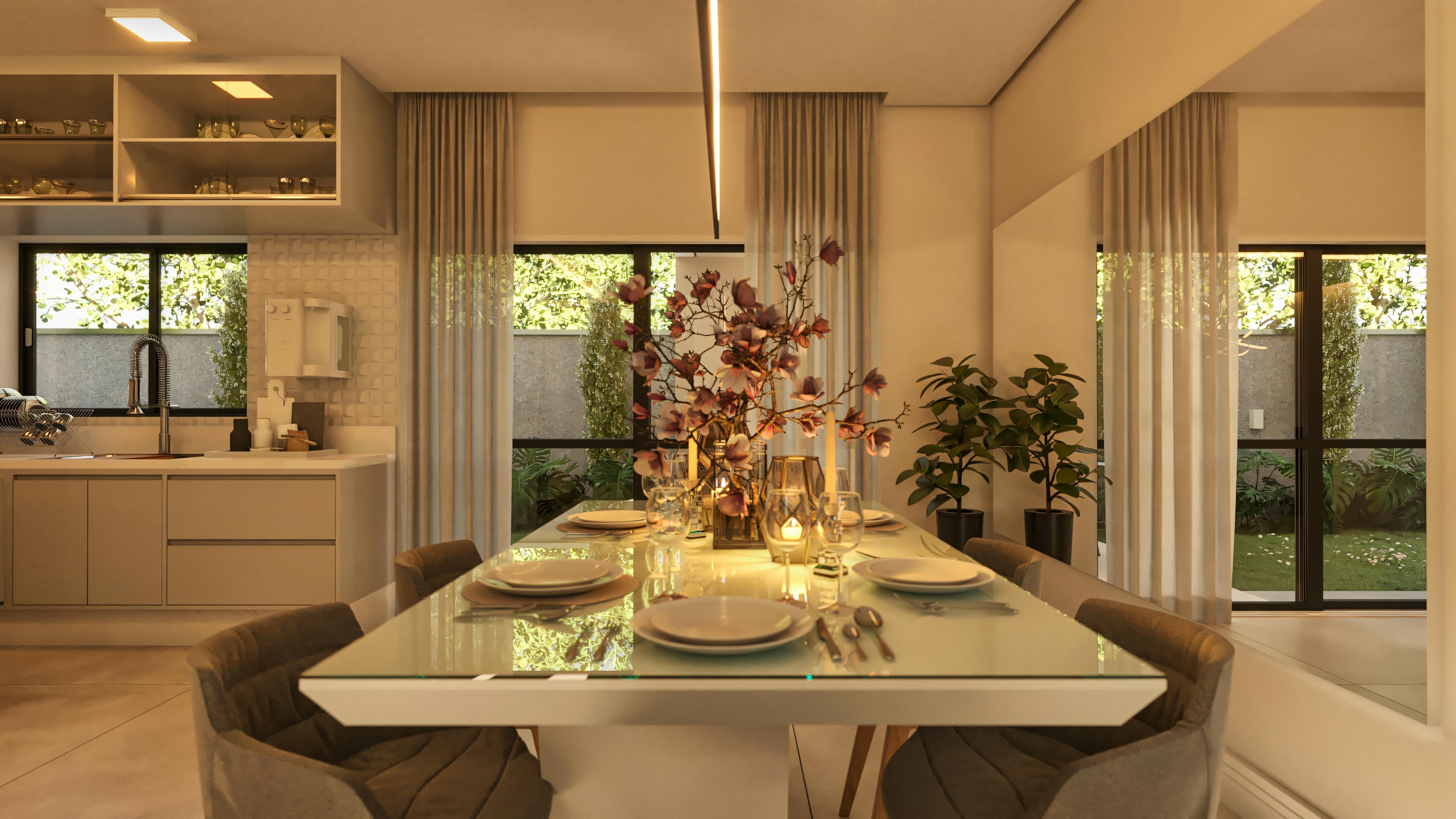 Ambiente integrado de sala de jantar e cozinha em sobrado moderno, visto da mesa de jantar. Detalhes incluem mesa posta, bancada da cozinha, armários superiores e janelas. Planta de 210.57m².