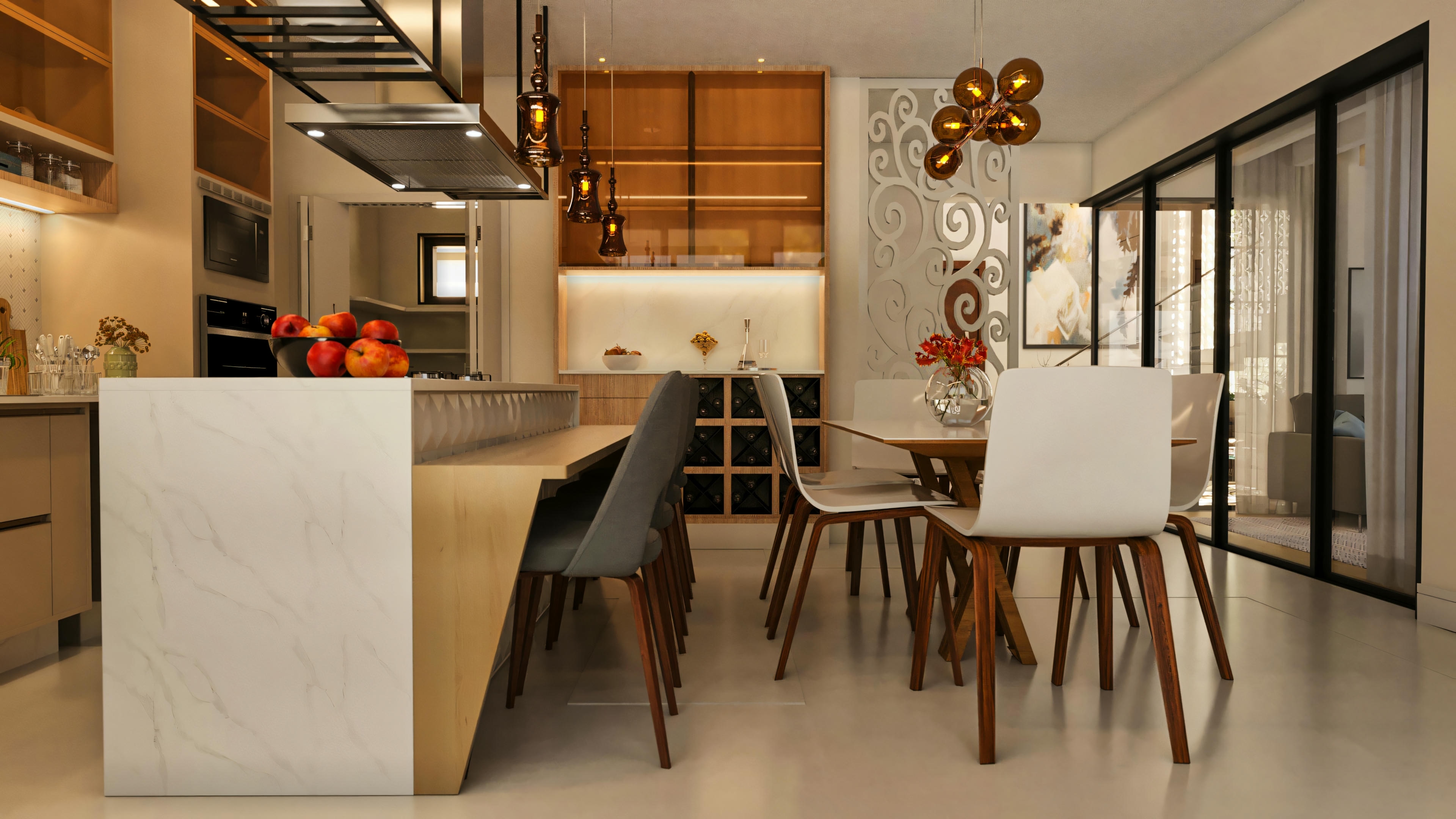 Integrated kitchen and dining room in a modern 394.84sqm house project, 4 suites, and pool. Spacious ambiance with gourmet island featuring a light stone countertop and waterfall edge, dining table with designer chairs, custom wood cabinetry with niches and wine rack, industrial and modern pendant lighting, and access to the external area through large glass doors.