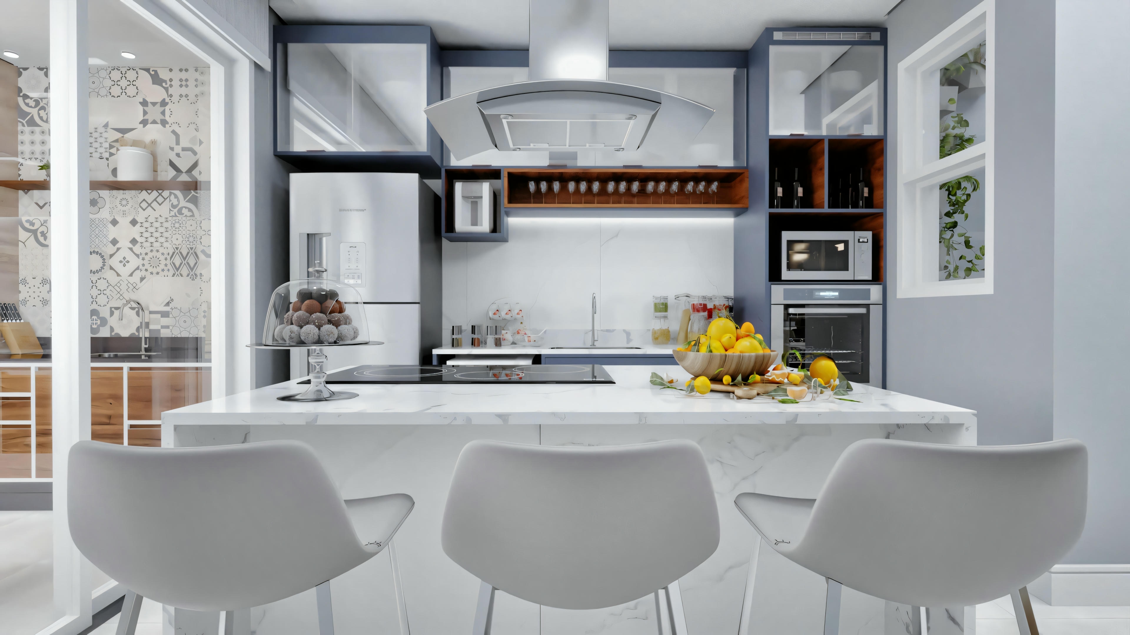 A kitchen with white stools, a fruit bowl on the counter, and pendant lights above.