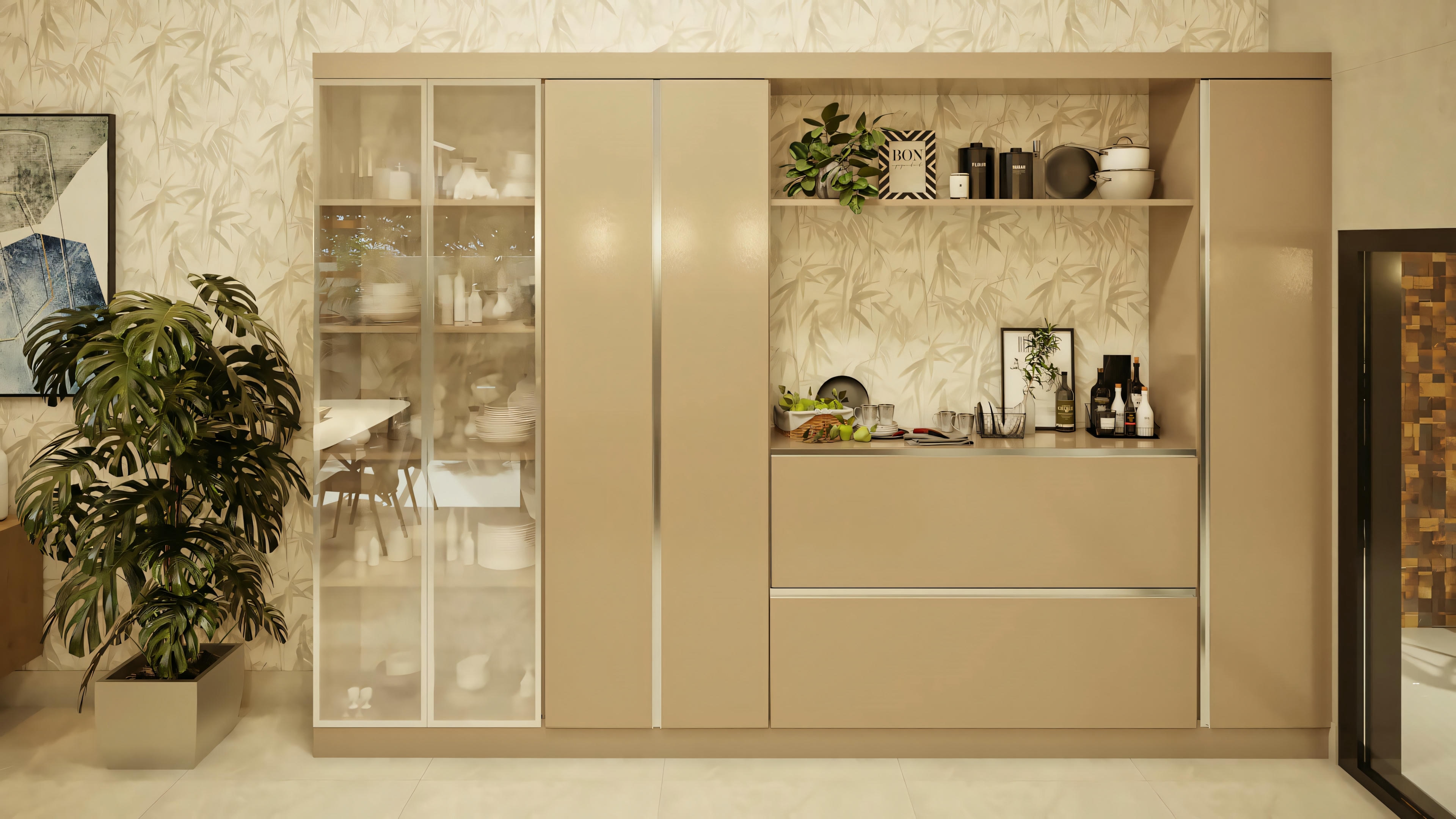 Kitchen with light tones, glass door cabinets, and organized shelves.
