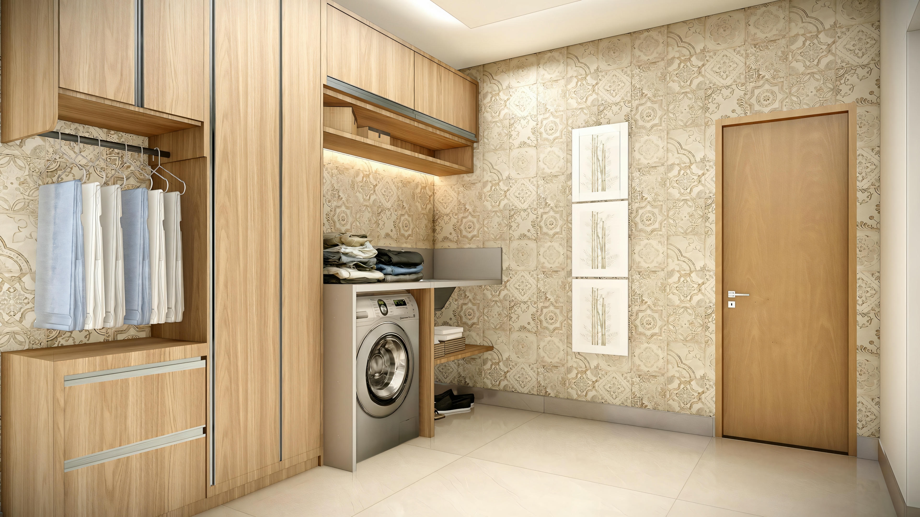 A laundry room with wooden cabinets, a washing machine, and a door leading to another room.
