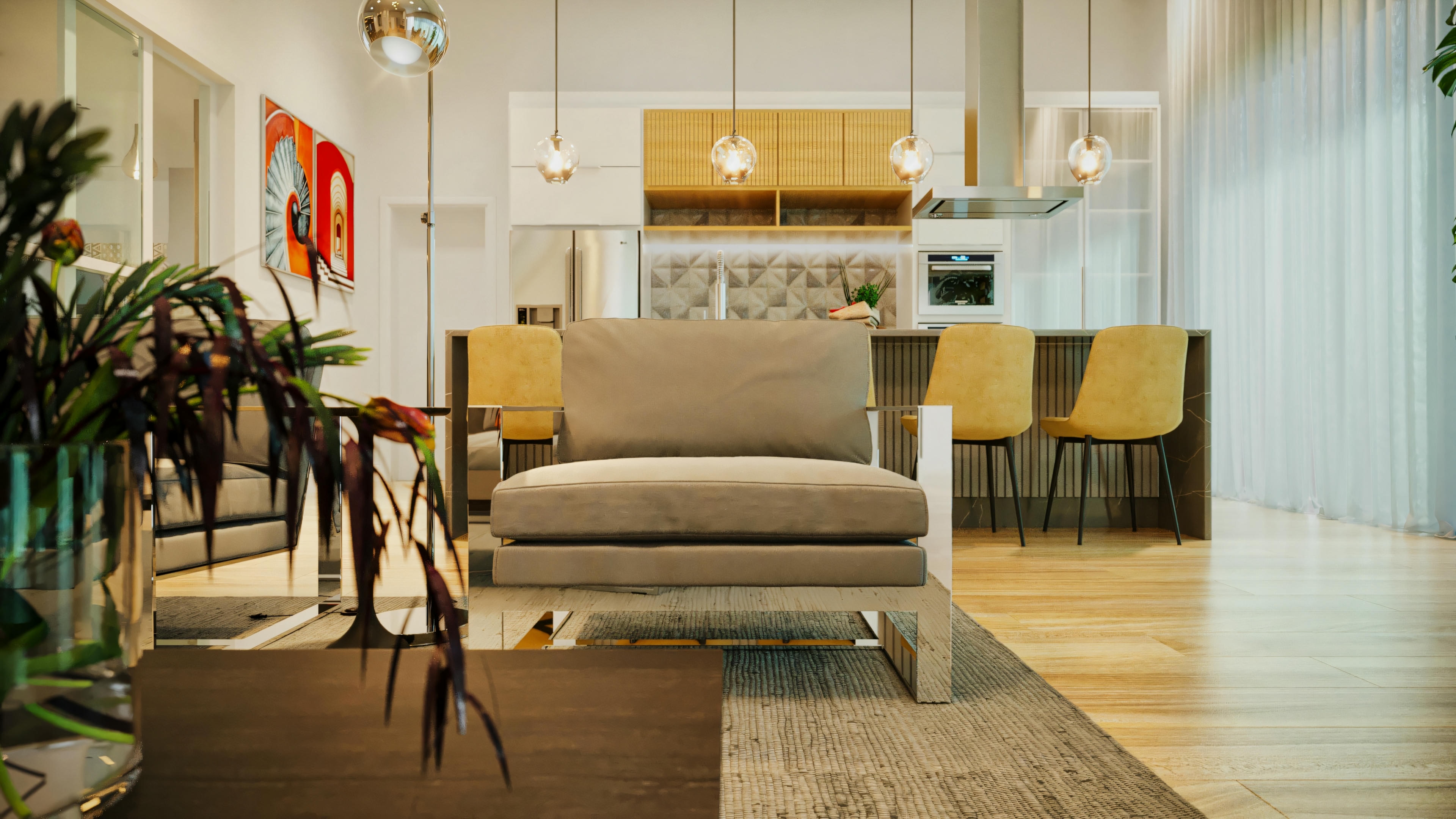 View of the living room towards the gourmet kitchen in a high-standard house with 3 suites, luxury pool and gourmet area. The image highlights a comfortable armchair, the kitchen island with bar stools, modern cabinets and designer lighting, showing the integration of spaces in the 335.08sqm residence.