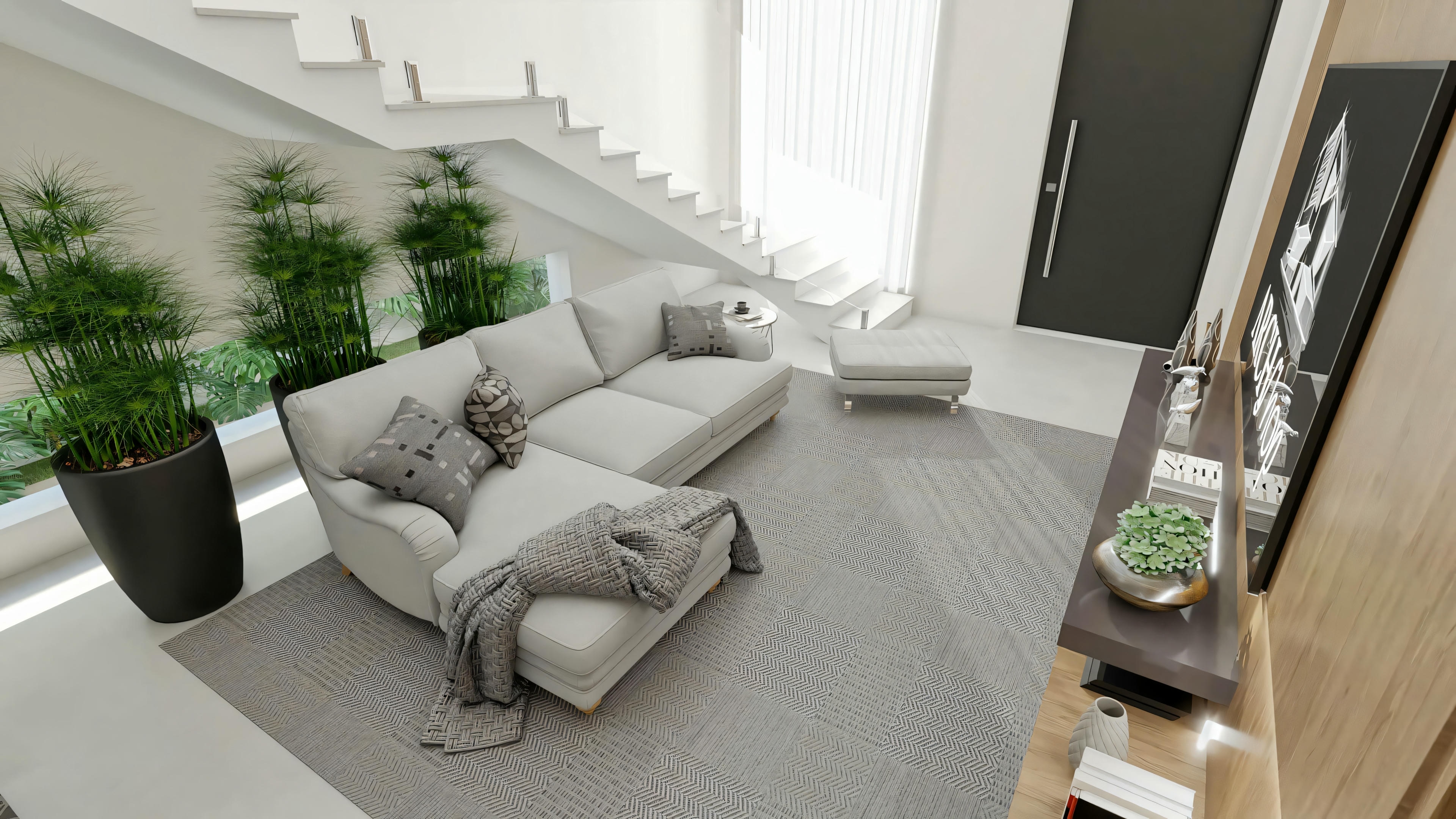 Top view of the living room of ArchShop project with 3 suites and pool, showing internal garden with plants under the modern staircase, gray sofa, rug and entrance door. Contemporary interior design for a 250.56sqm house.