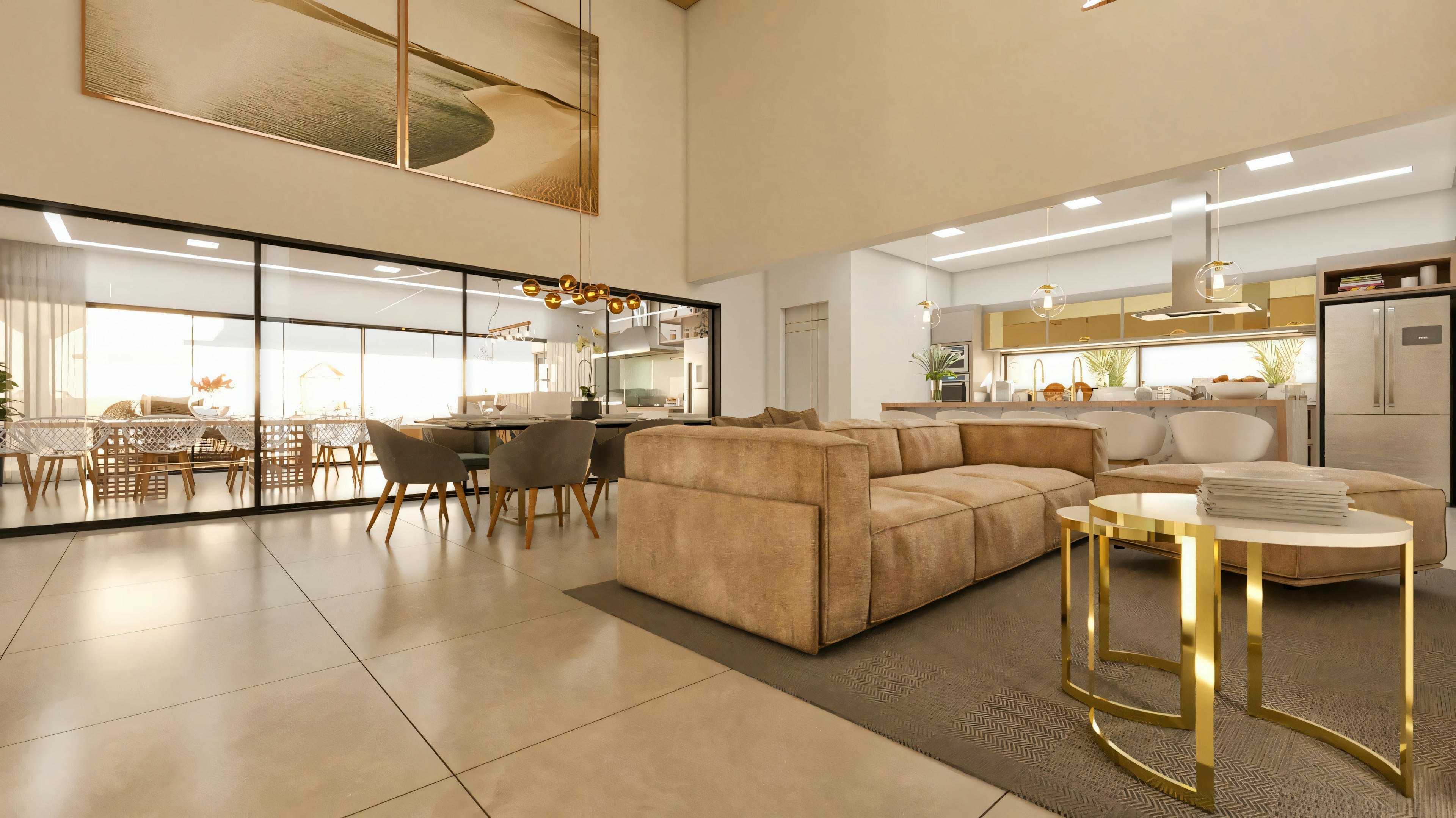Spacious and integrated social area of a luxury residential project, with living room, dining room, gourmet kitchen, high ceiling, and large glass panels.