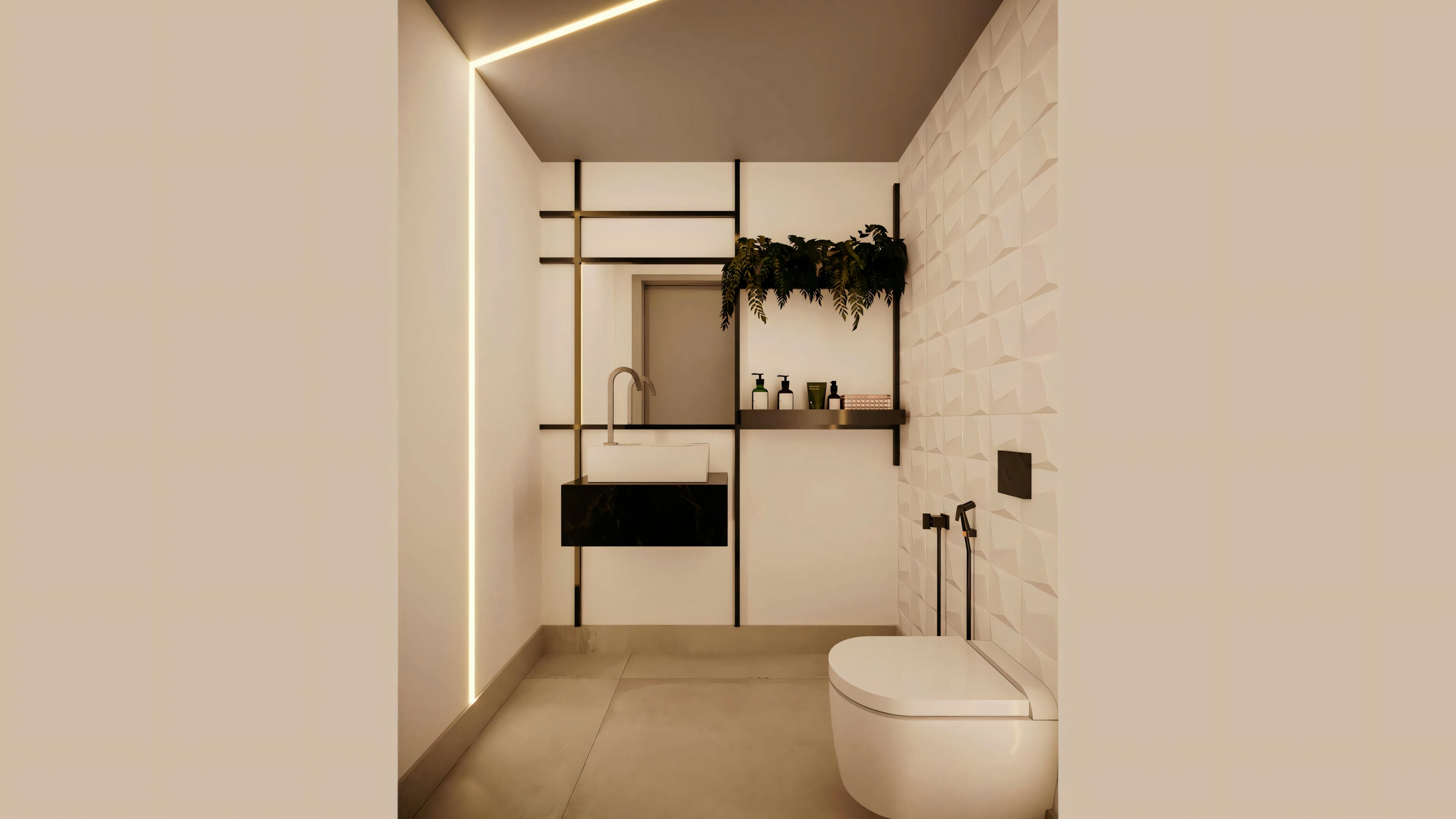 Another angle of a modern bathroom with sink, mirror, and shower area.