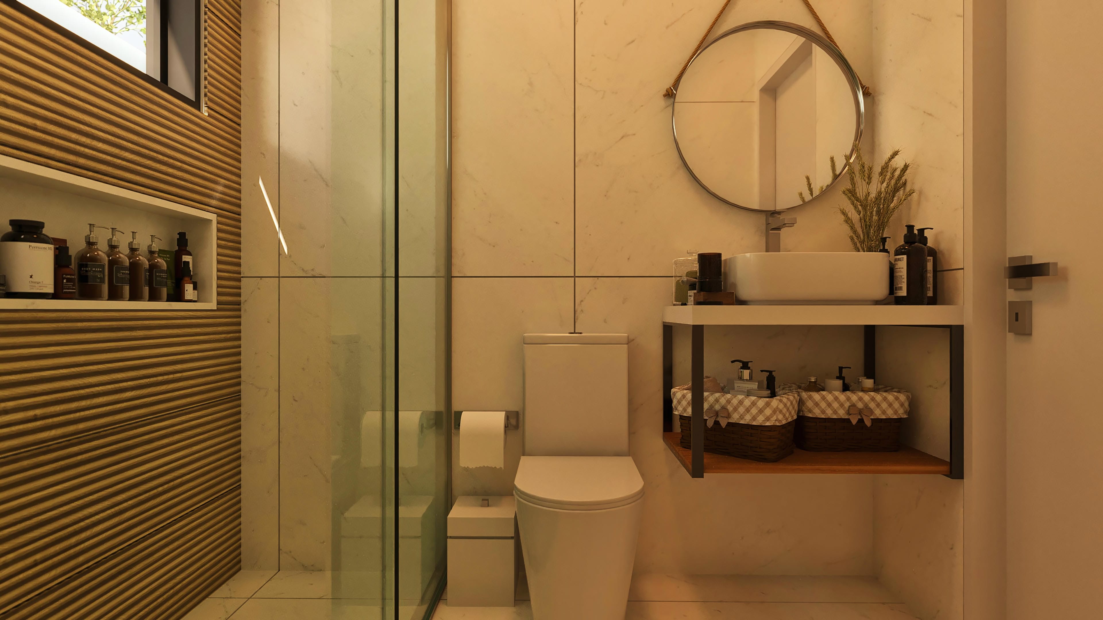 Bathroom counter with a white porcelain vessel sink, round mirror with metal frame, and shelves with wicker baskets.