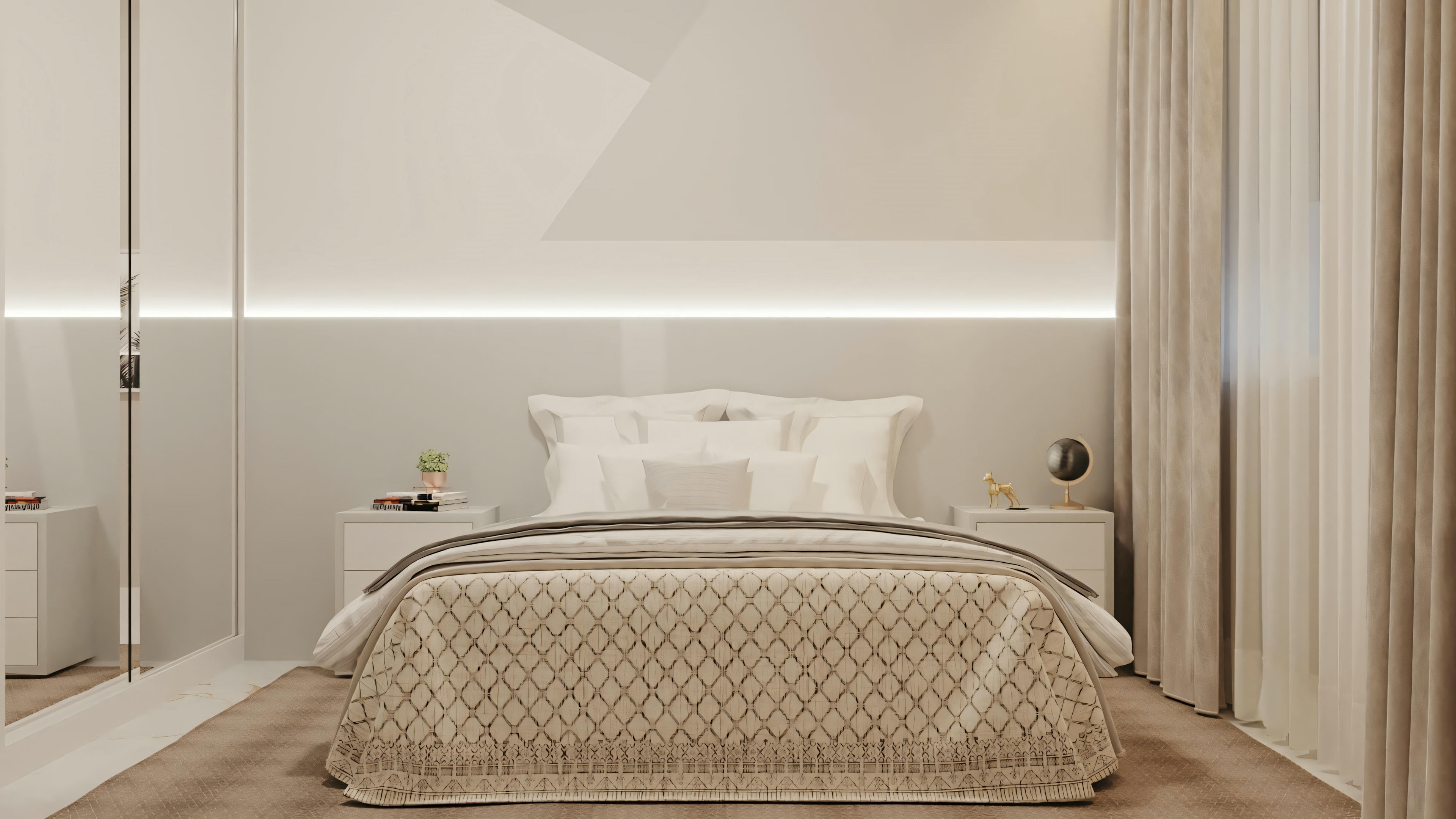 A modern bedroom with an elegant bed, upholstered headboard, and nightstands with lamps.