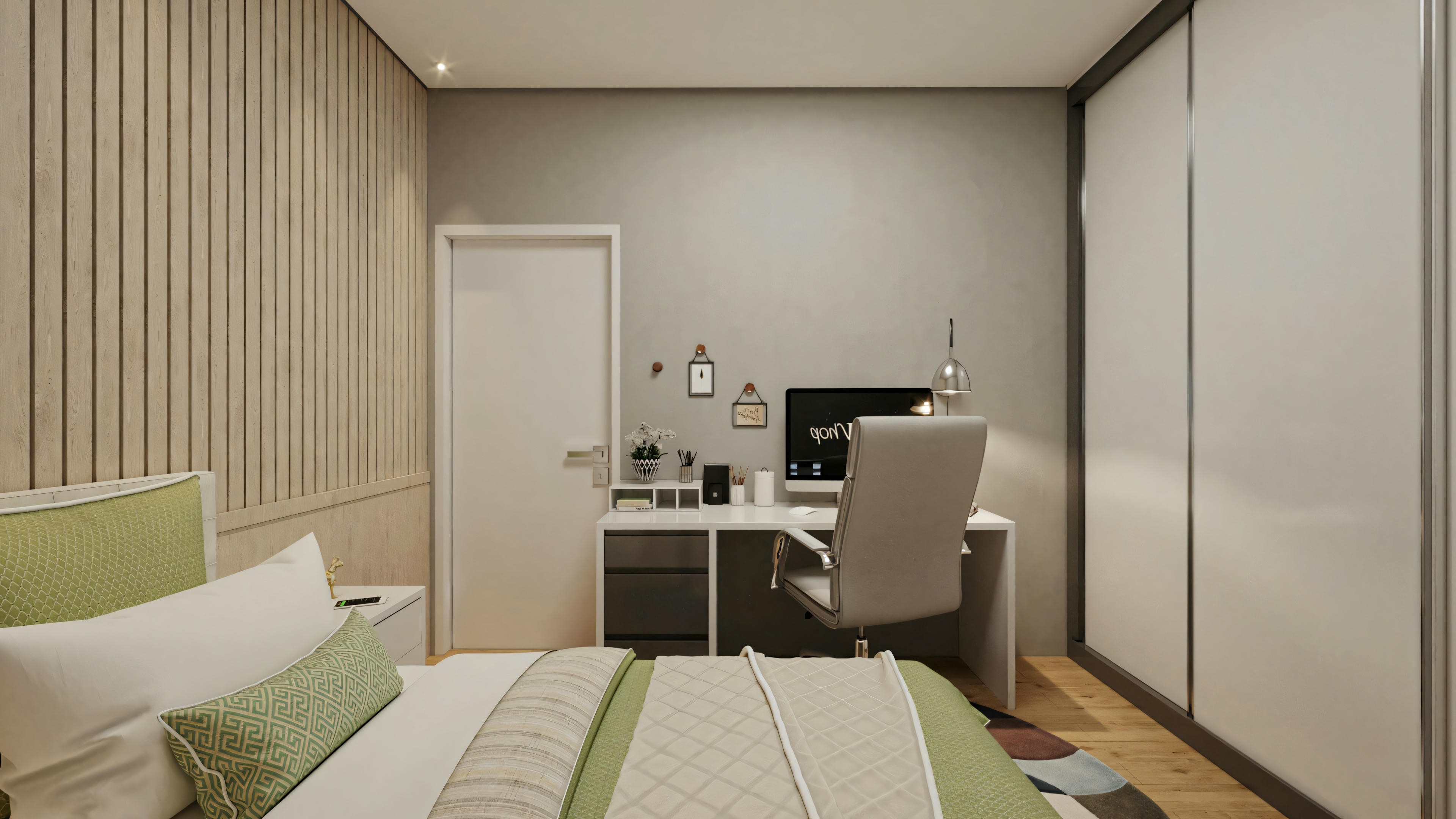 A bedroom with a bed, nightstands, lamp, and a desk with a chair. The walls have patterned wallpaper, and there is a large window with curtains.