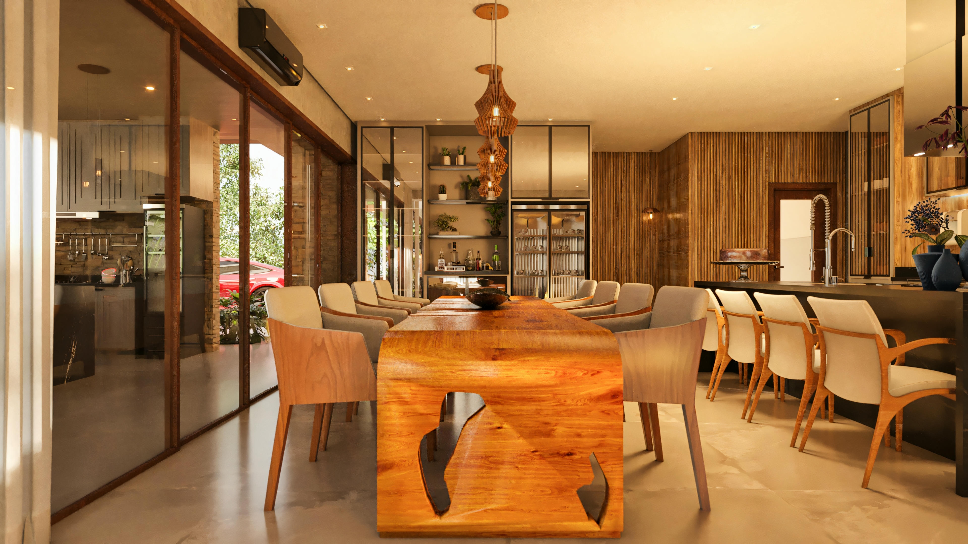 Dining room with wooden table and upholstered chairs in a modern house project. View of the integrated space showing the living room in the background and access to the hall with staircase. Interior design with recessed lighting.