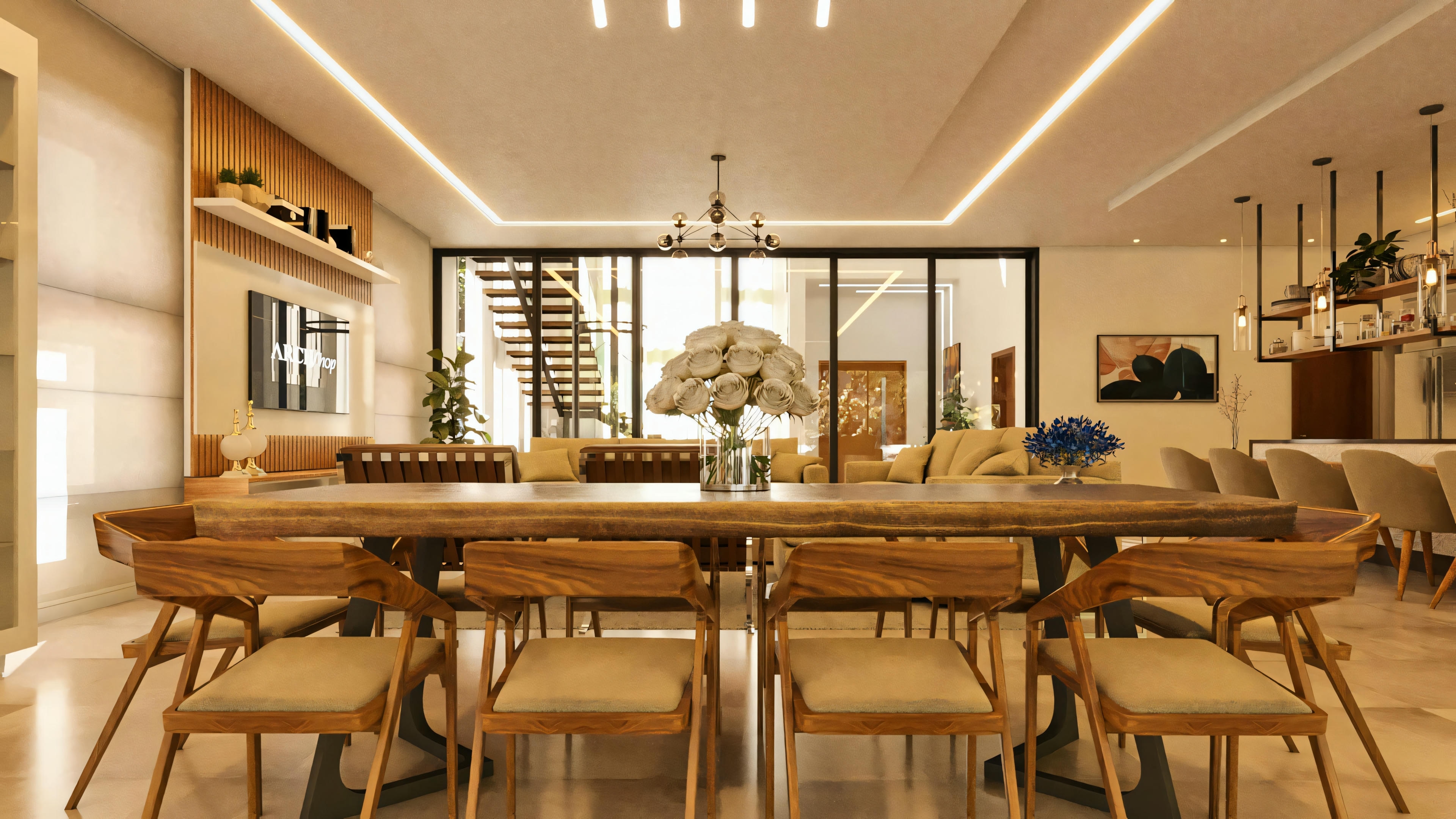 Dining room with wooden table and upholstered chairs in a modern house project. View of the integrated space showing the living room in the background and access to the hall with staircase. Interior design with recessed lighting.