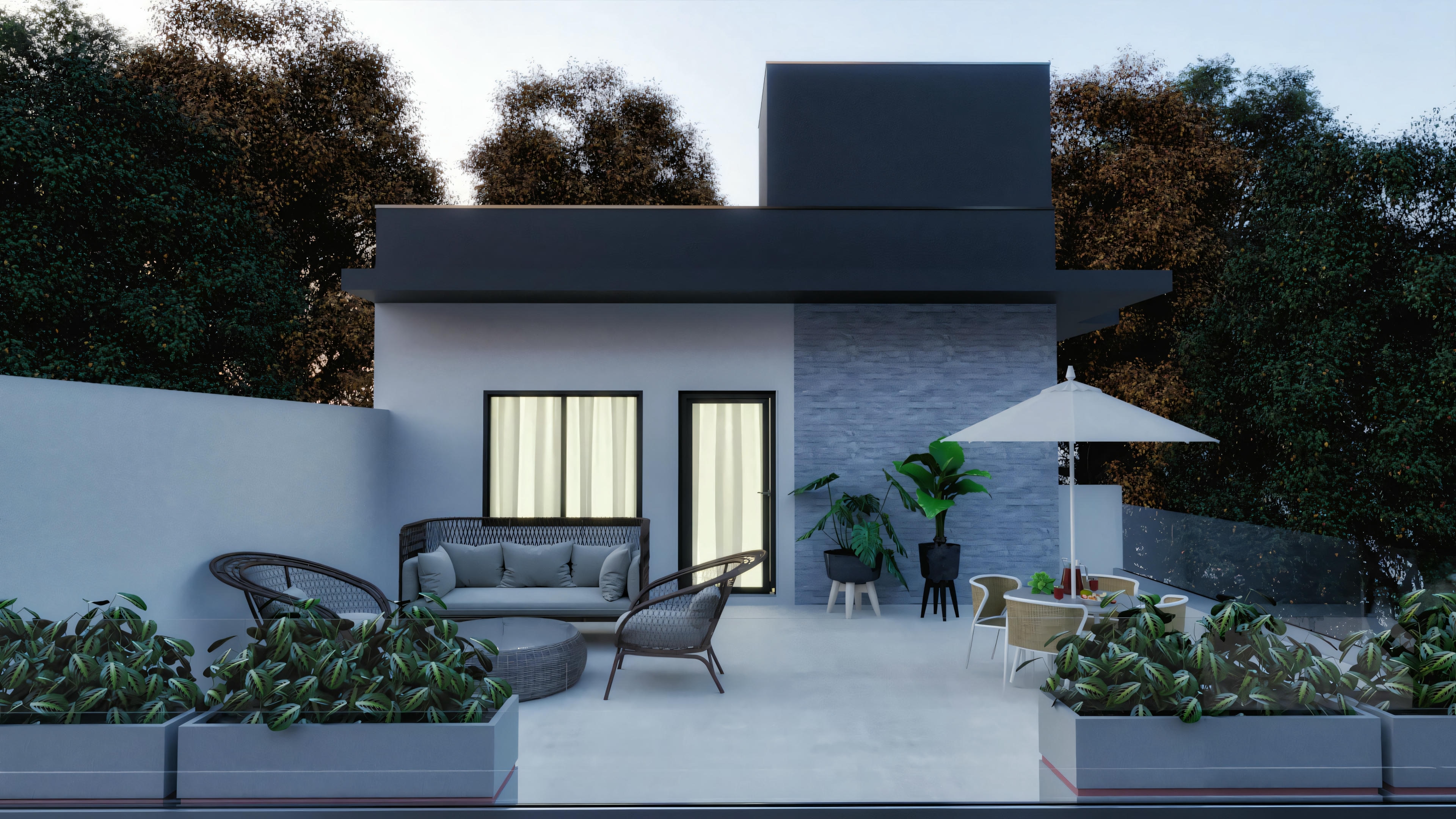 A modern house with a flat roof design, highlighting the entrance and part of the garden.