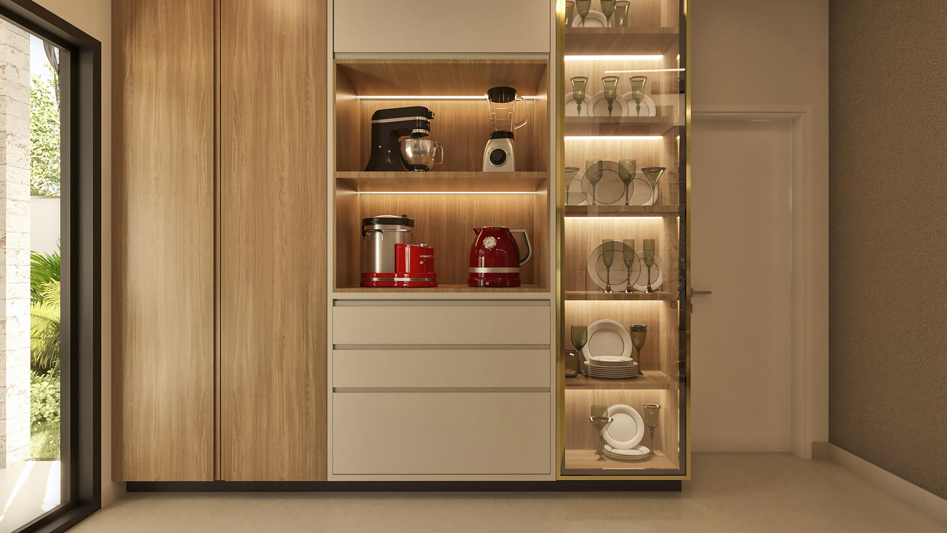 Custom cabinet with light wood doors and LED-illuminated niches, displaying appliances and fine dinnerware.