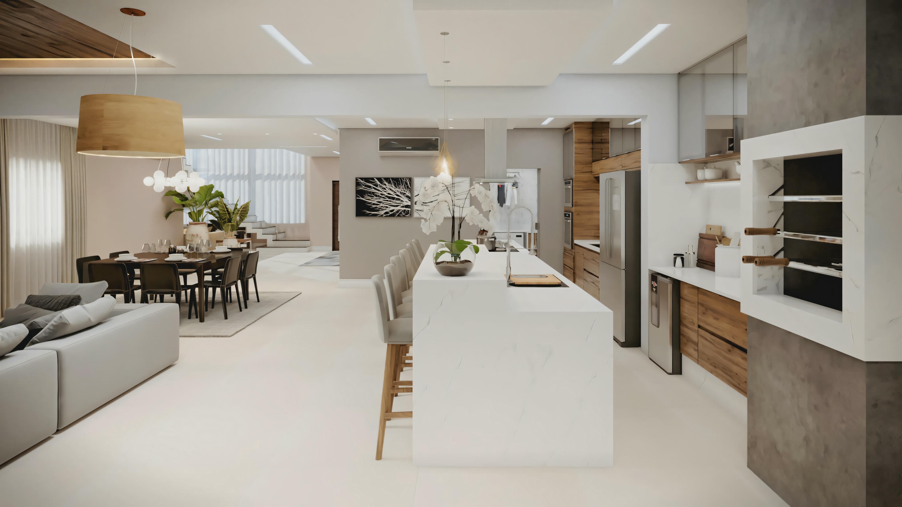An interior kitchen space with contemporary design elements, including sleek cabinetry, built-in appliances, and an island with seating.