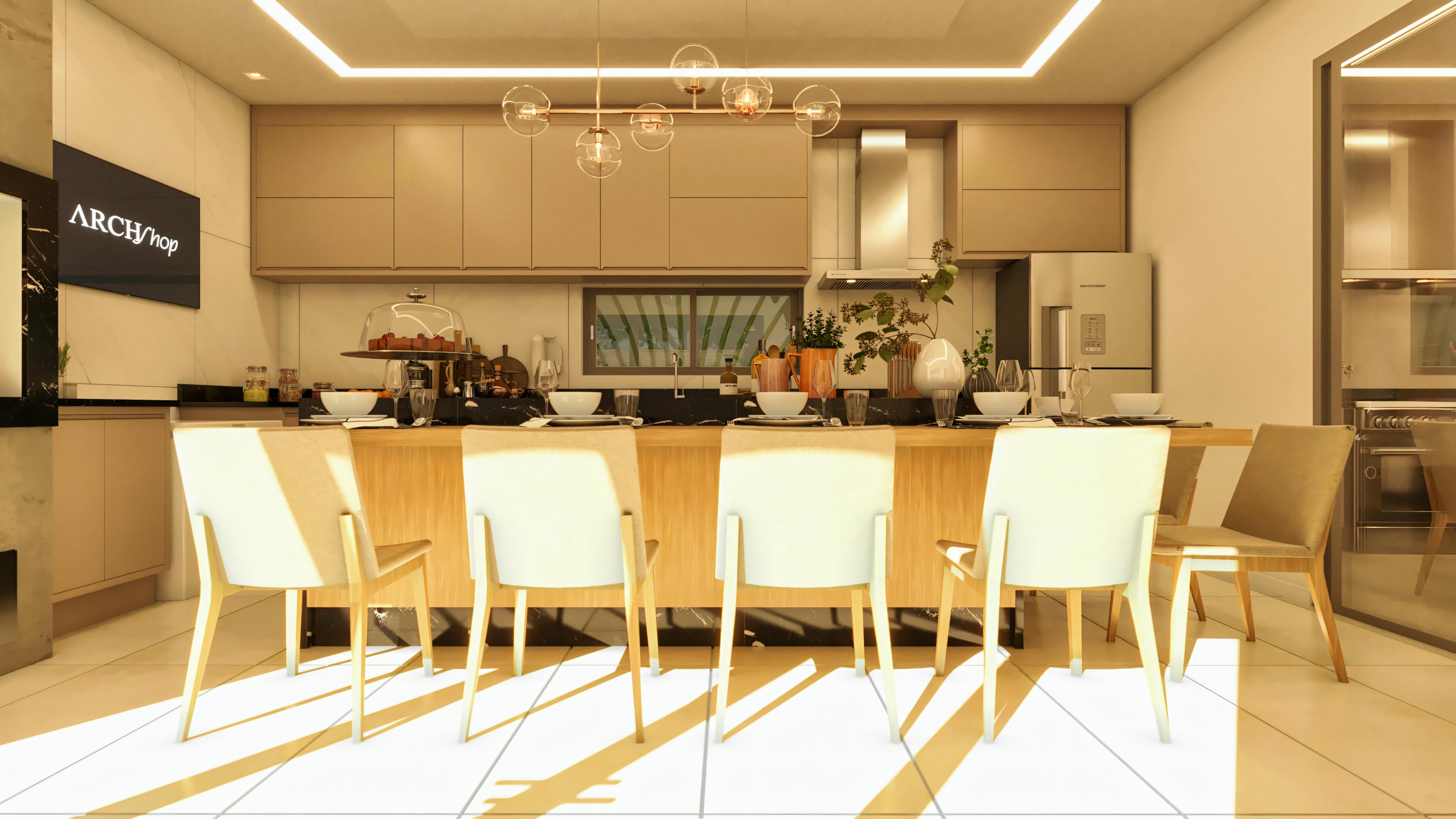 Modern kitchen with contemporary appliances and a dining area for six people.