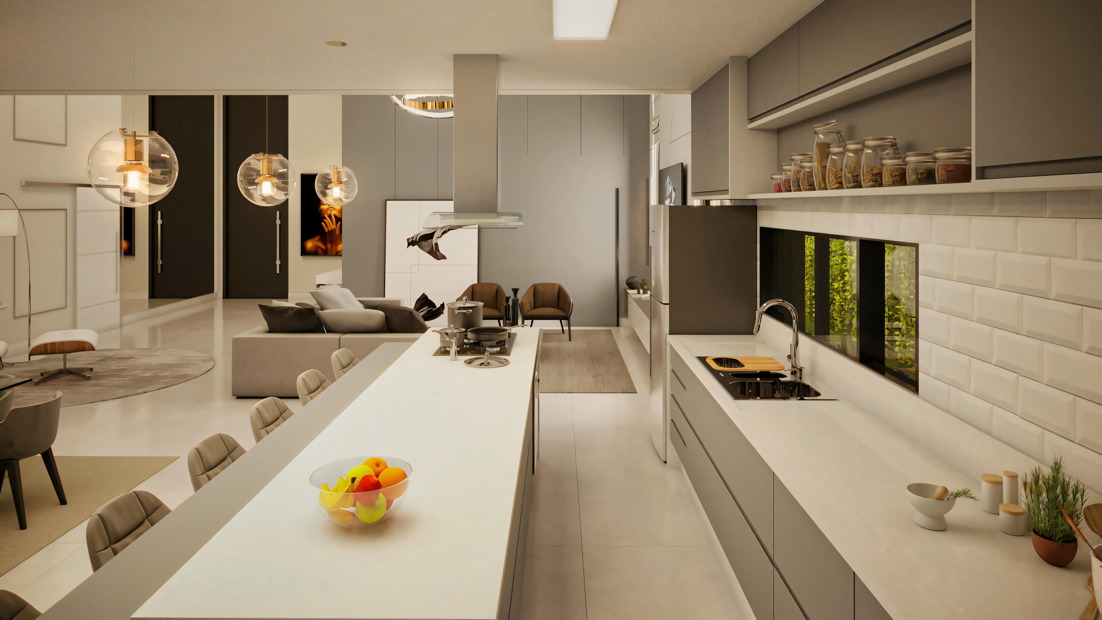 A kitchen with a long counter, bar stools, pendant lights, and visible appliances.