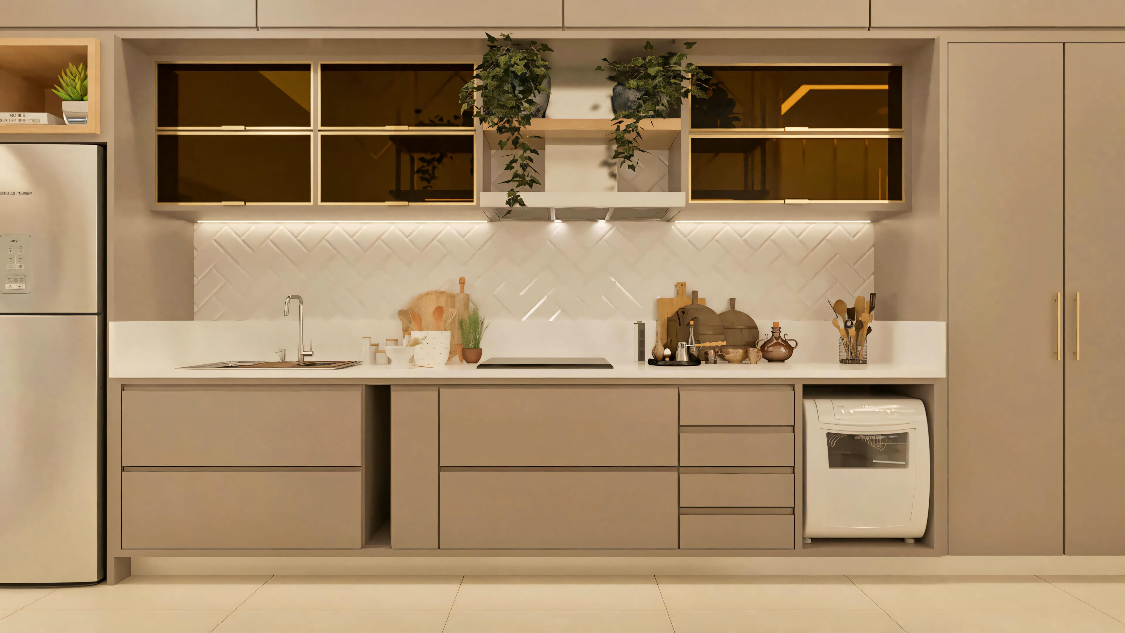 Detail of the planned kitchen in a modern single-story house (3 bedrooms), featuring a light countertop, lower and upper cabinets with smoked glass doors, hood, sink, and 3D backsplash.
