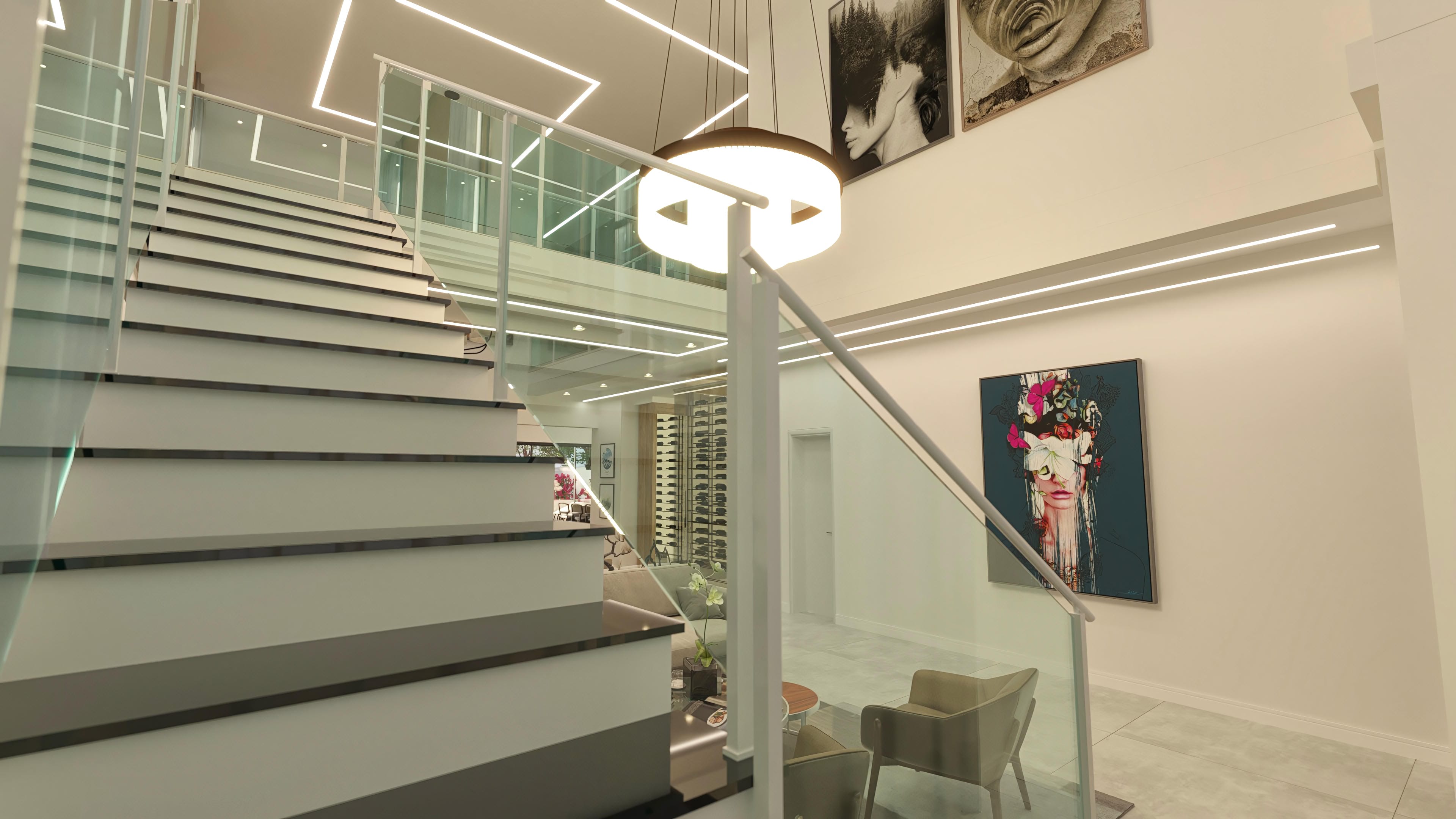 Detail of a modern staircase with a glass railing, steps in shades of white and gray, and integrated LED lighting, overlooking the wine cellar and living area.