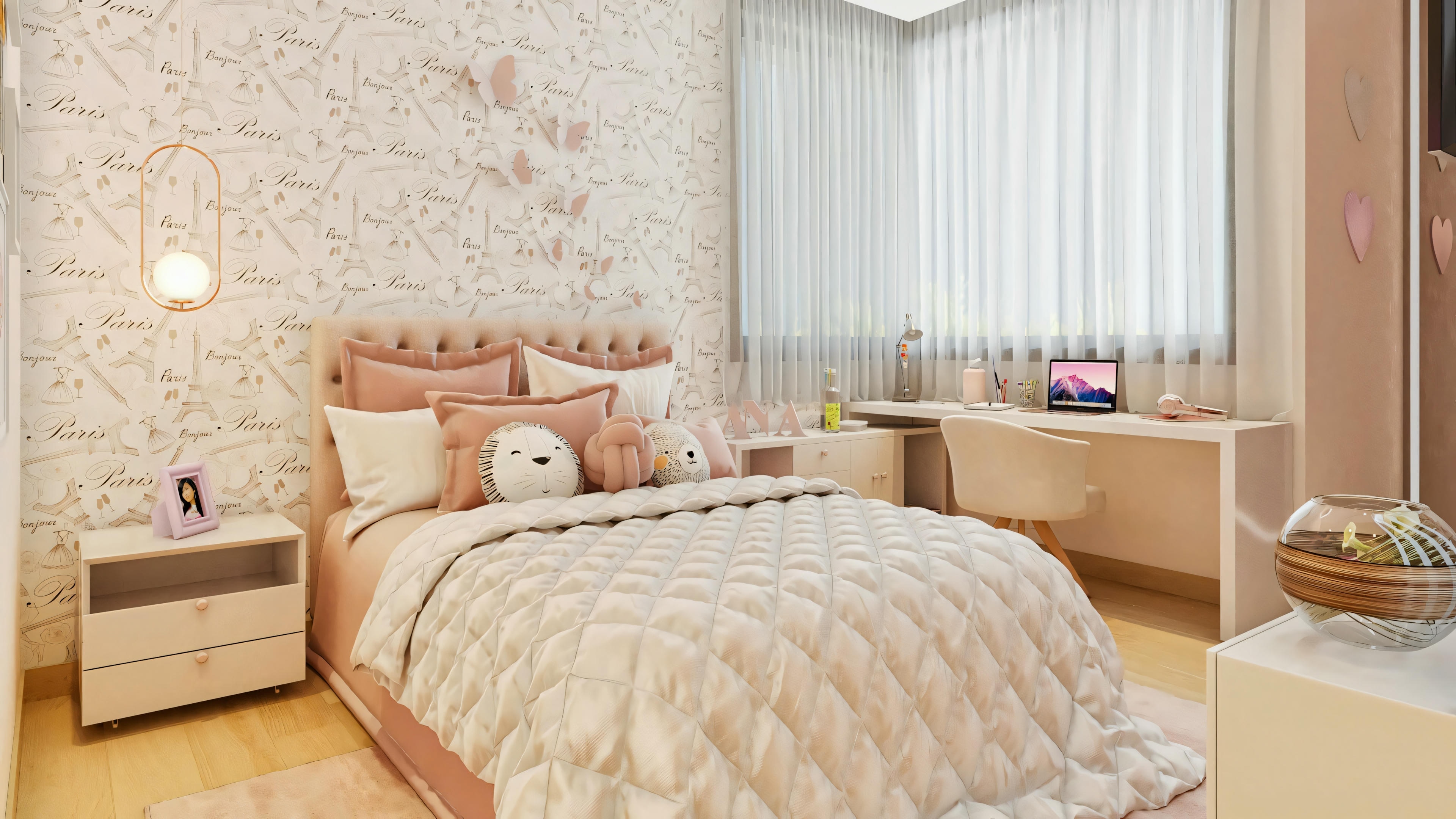 Decoração de quarto (uma das 5 suítes) em projeto pronto de casa térrea. Estilo feminino/juvenil com tema Paris (papel de parede), cama com cabeceira estofada rosa, criado-mudo, bancada de estudo e pendente.