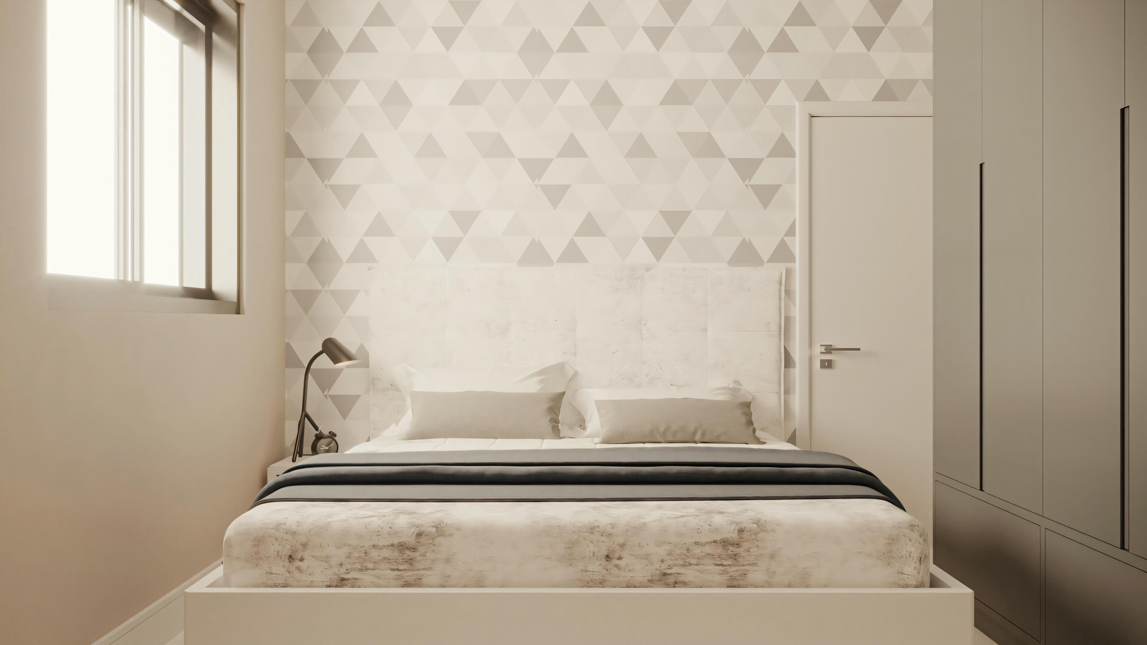 Quarto com cama, luminárias e decoração minimalista.