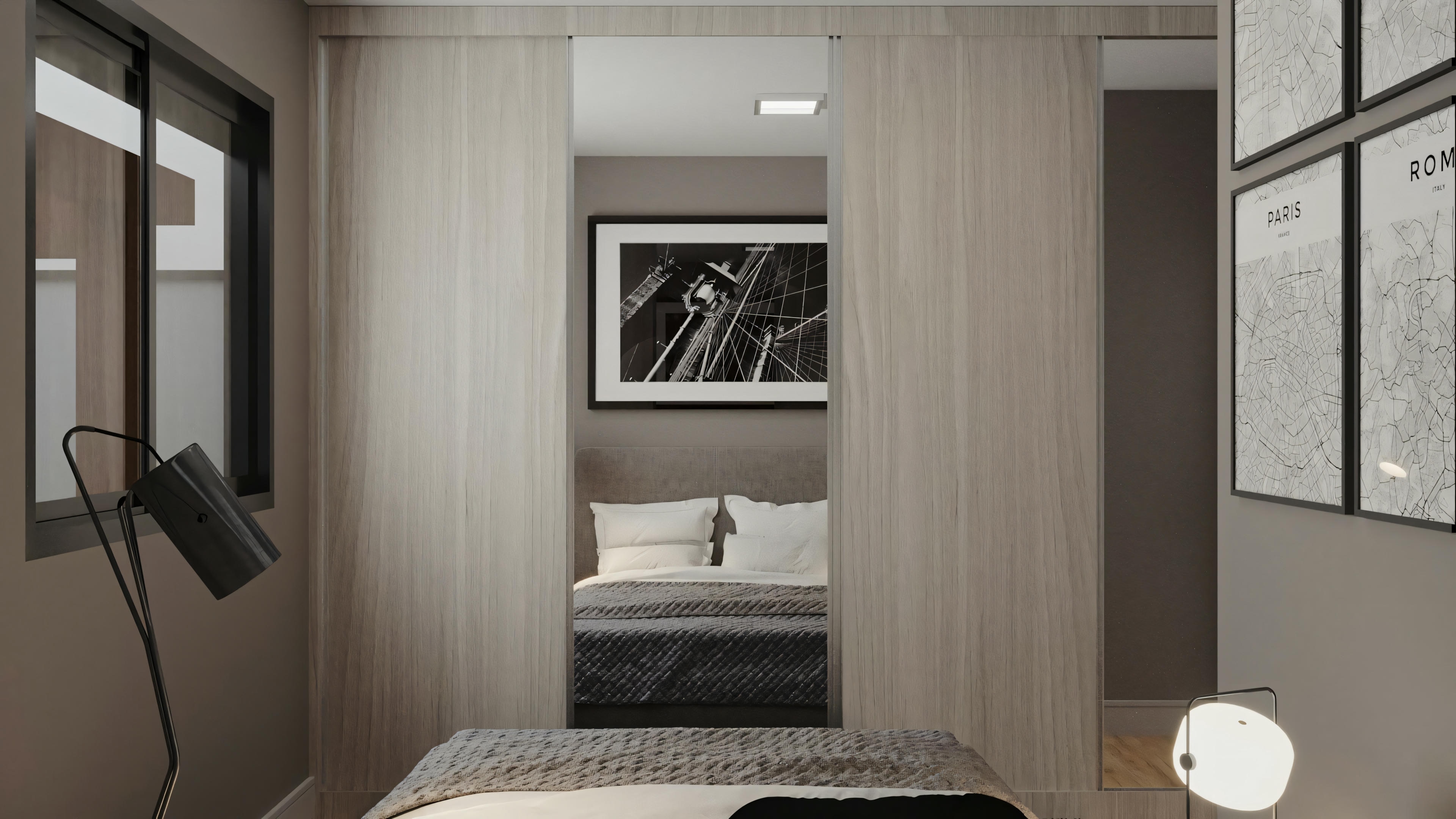 Um quarto moderno com cama, mesa de cabeceira e abajur.