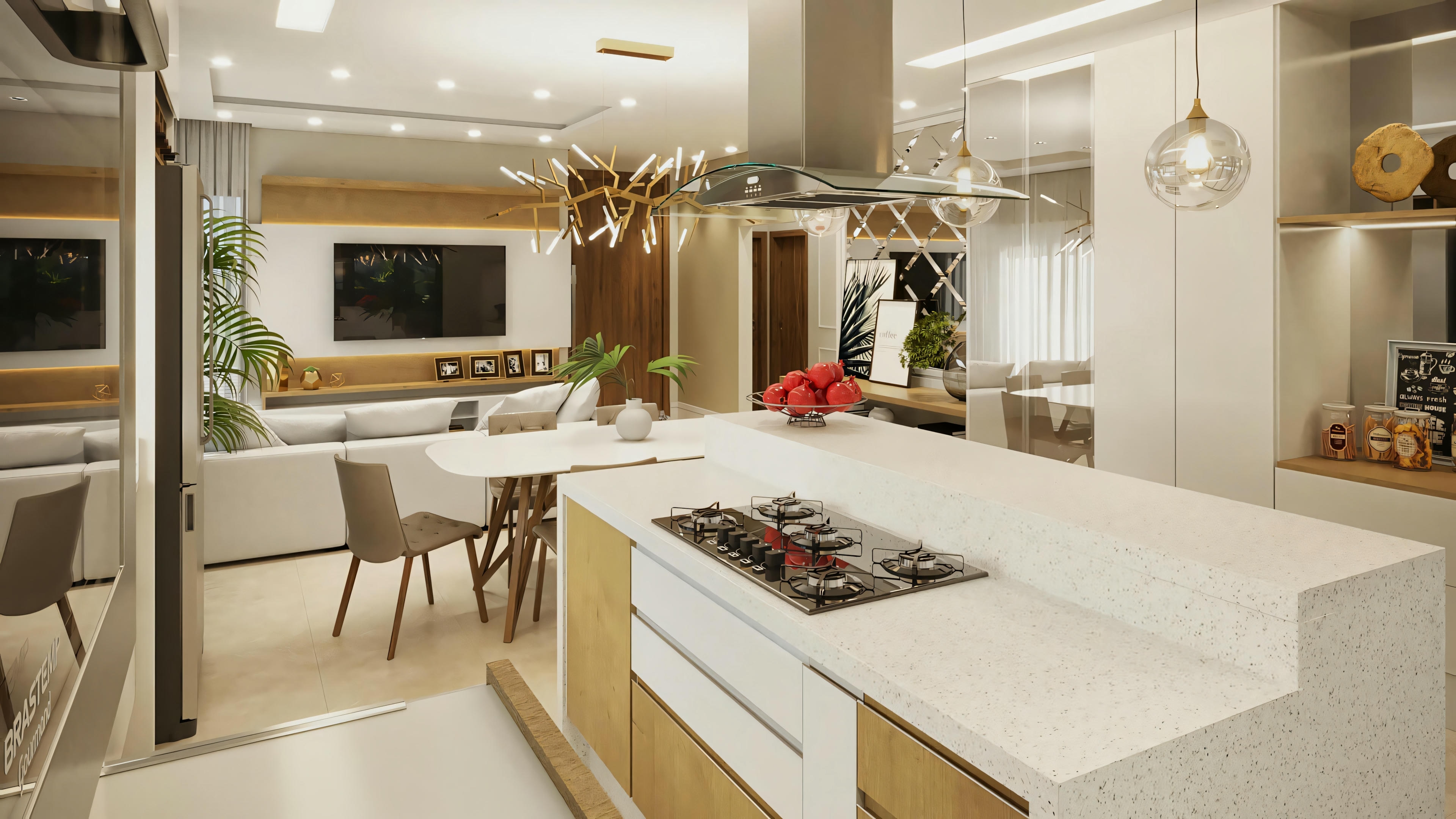 View of the integrated social area (living room, dining room, kitchen) from the kitchen island, in the ready-made single-story house project with 2 suites (170.8sqm). Wide perspective showing the open concept and modern design of the plan.