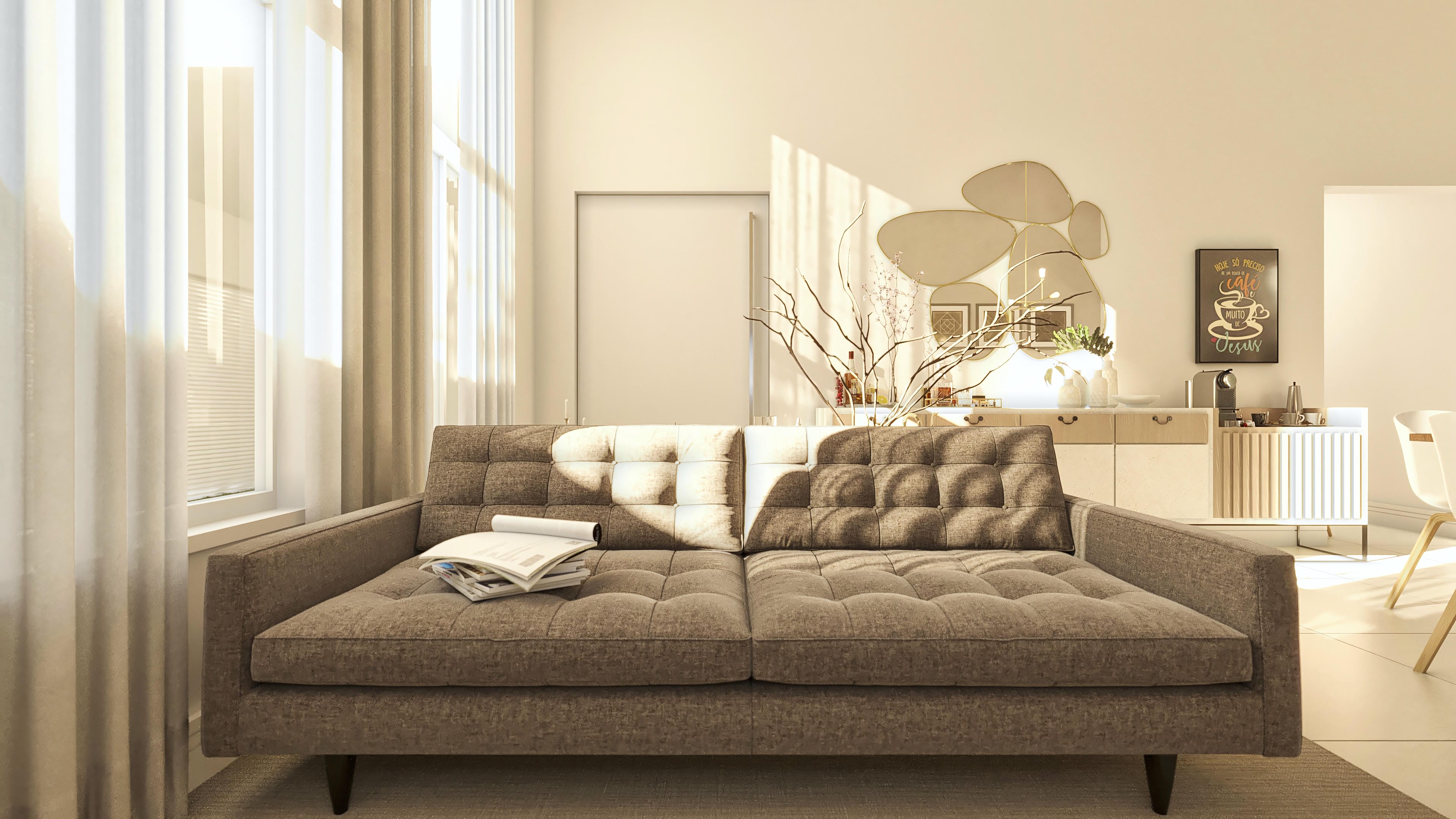 Interior moderno de casa de una planta con sofá acogedor, mesa lateral con revistas y ventana amplia con cortinas translúcidas, proporcionando iluminación natural.